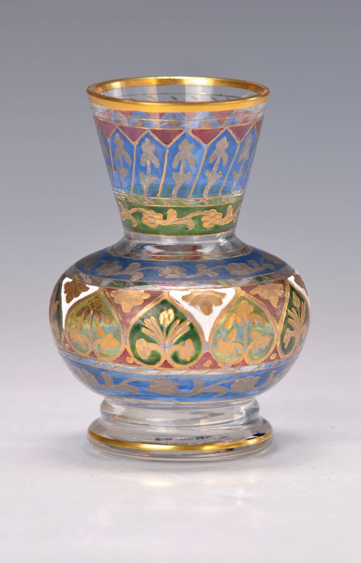 Kleine Vase, Fritz Heckert, um 1910, Dekor Jodhpur, farbloses Glas, geätzt und mit polychromer