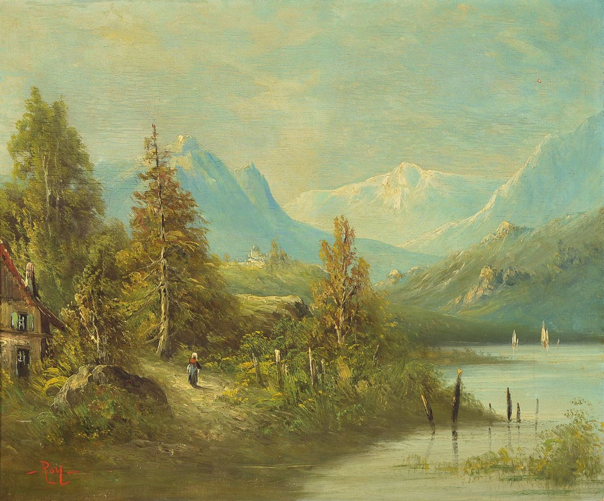 Roy, Maler der 2. Hälfte des 19. Jh., Vorgebirgslandschaft mit See, Öl/Lwd, doubliert, links unten