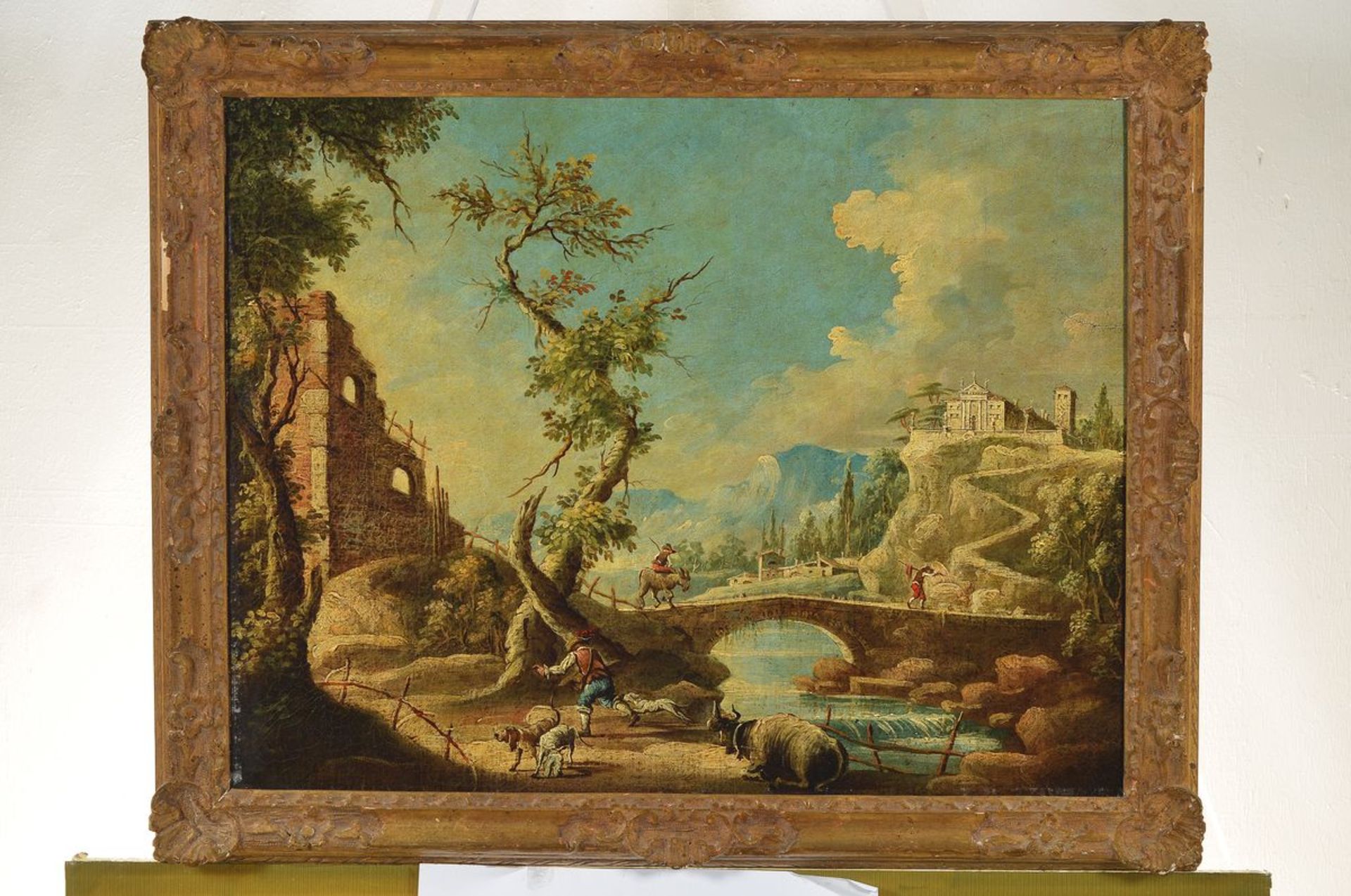 Unbekannter Künstler, wohl Italien, 18. Jh., Landschaft mit Fluss, Personen beim Überqueren einer - Bild 2 aus 2