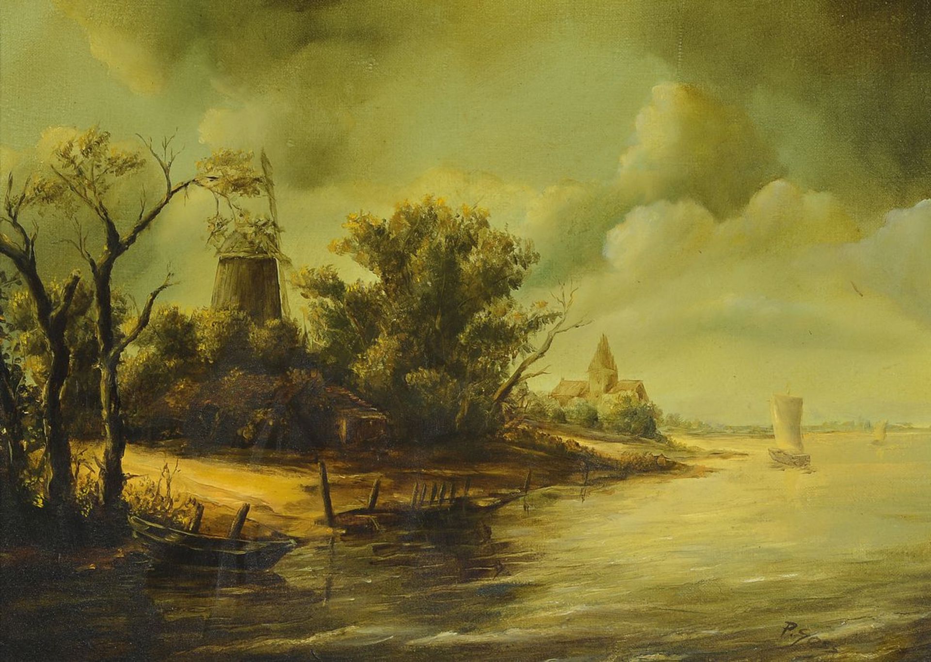 P. Joss, niederländischer Maler, frühes 20. Jh., Holländische Küstenlandschaft mit Windmühle, Öl/