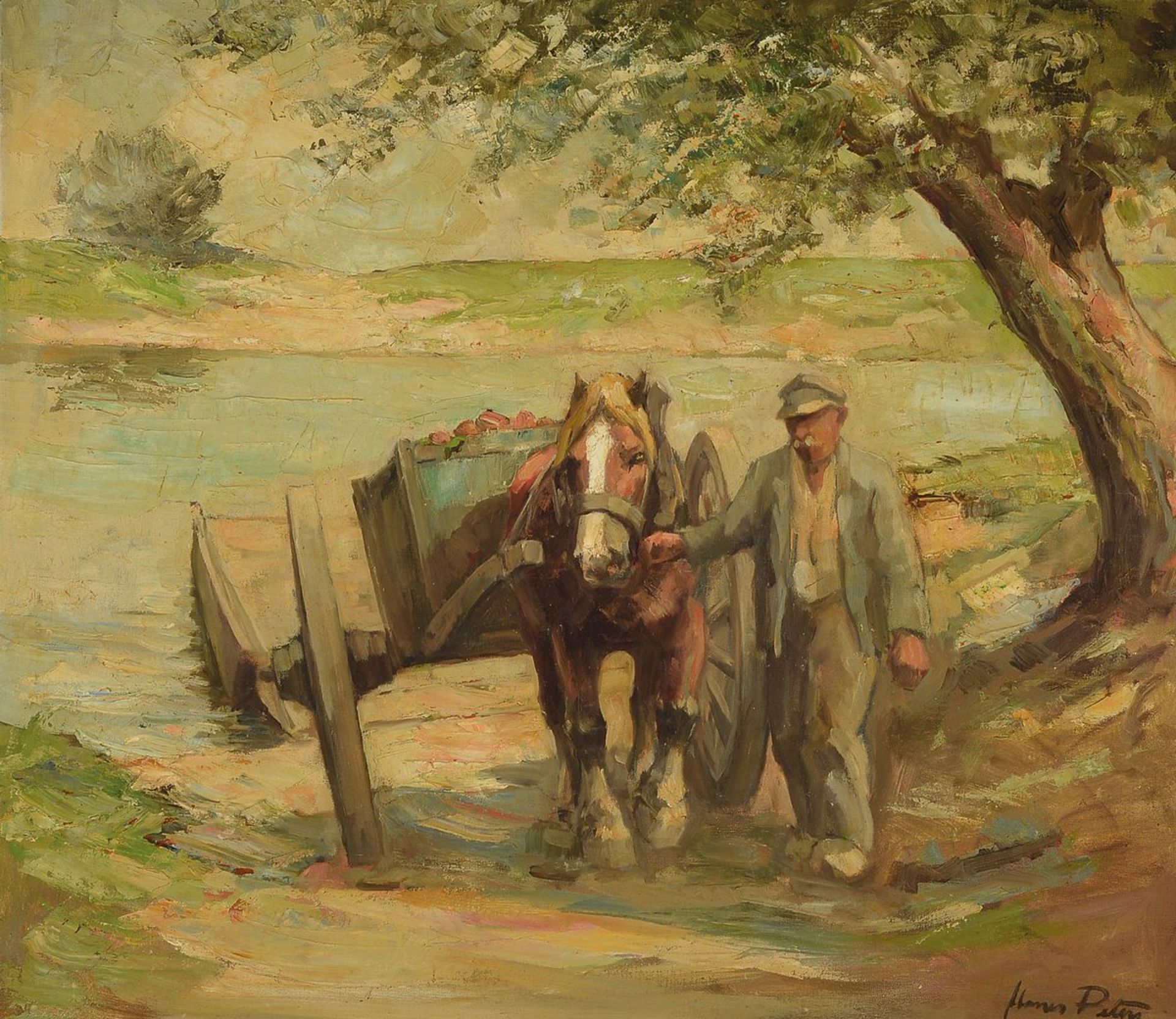 Manes Peters, 1906-1980, Bauer mit Pferdefuhrwerk am Fluss, Öl/Lwd., re. unten signiert, ca. 71 x 80