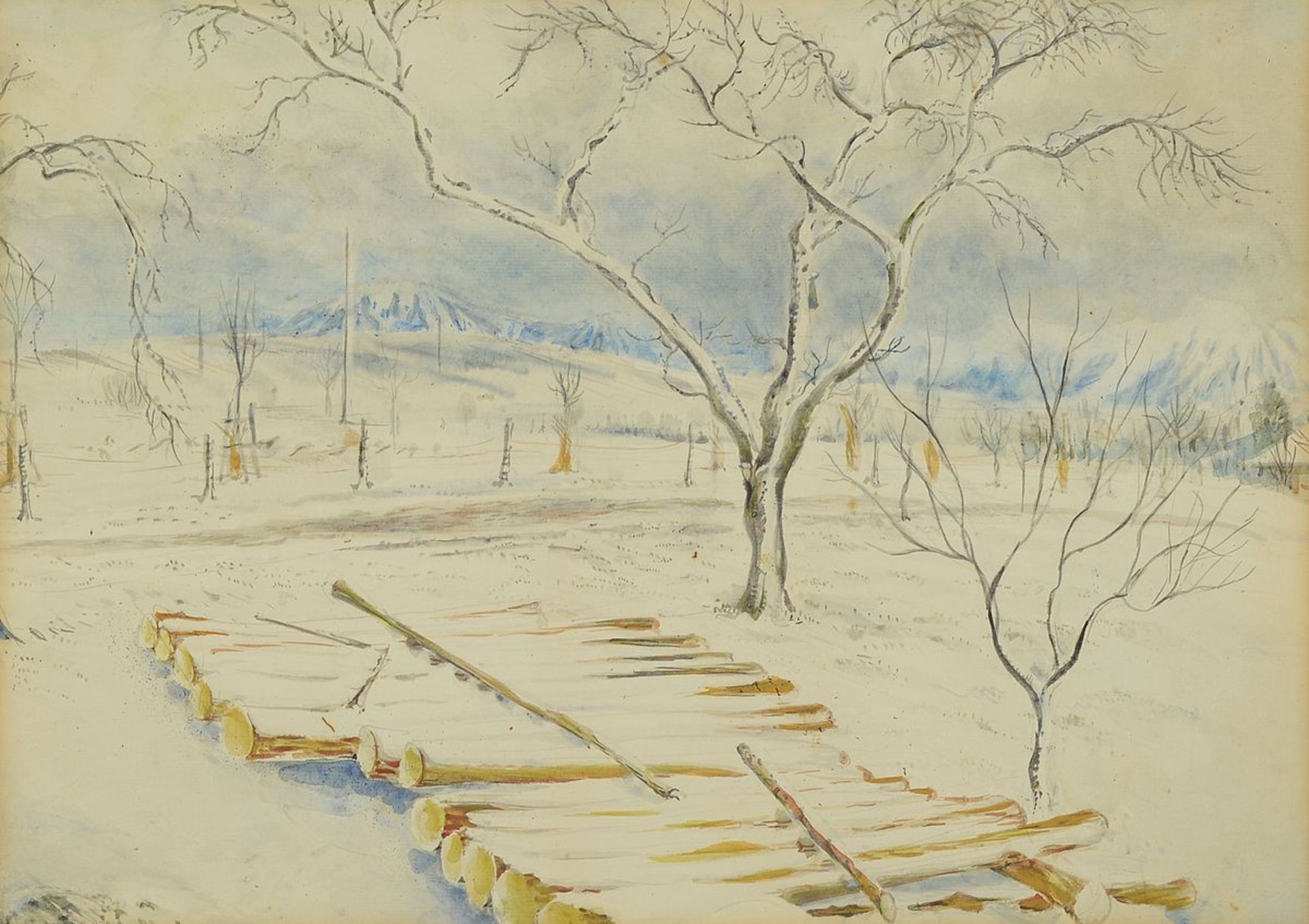 Eugen Croissant, 1898 Landau-1976 Breitbrunn, Verschneite Winterlandschaft, Aquarell auf Papier,