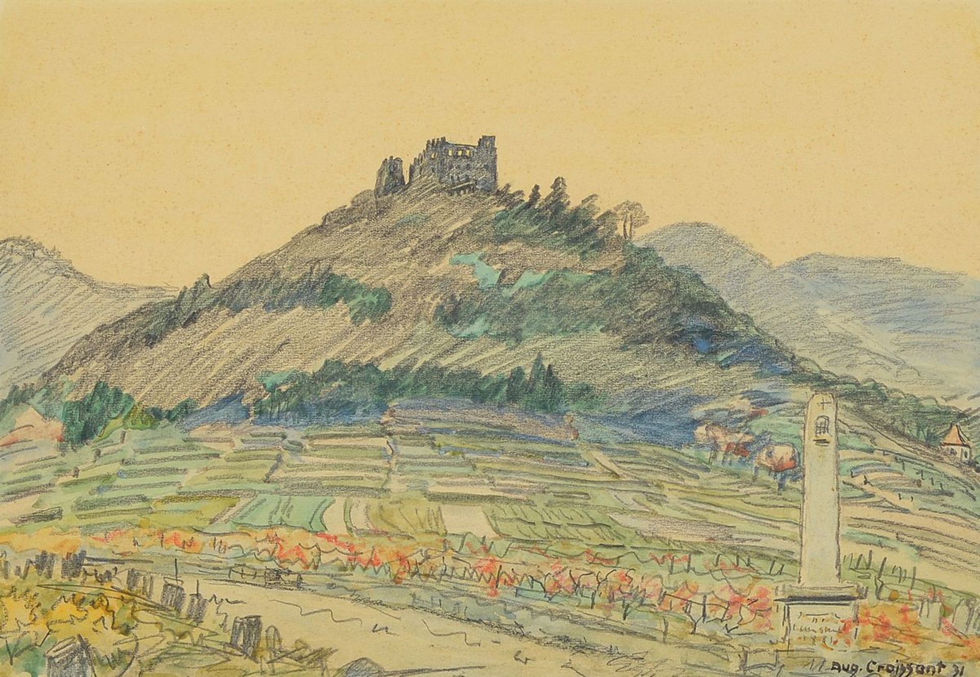 August Croissant, 1870 Landau-1941 Edenkoben, Blick auf eine Burg in der Pfalz, aquarellierte