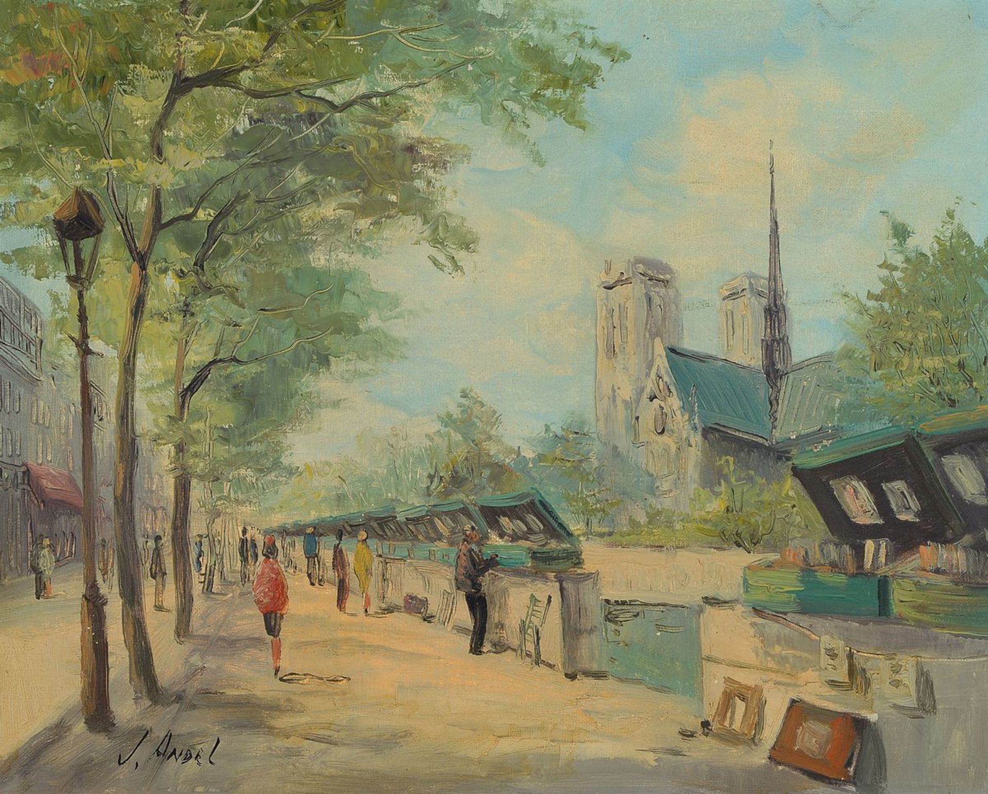 I. Andel, 1. H. 20. Jh., Blick auf Notre Dame in Paris mit Personenstaffage, Öl/Lwd, links unten