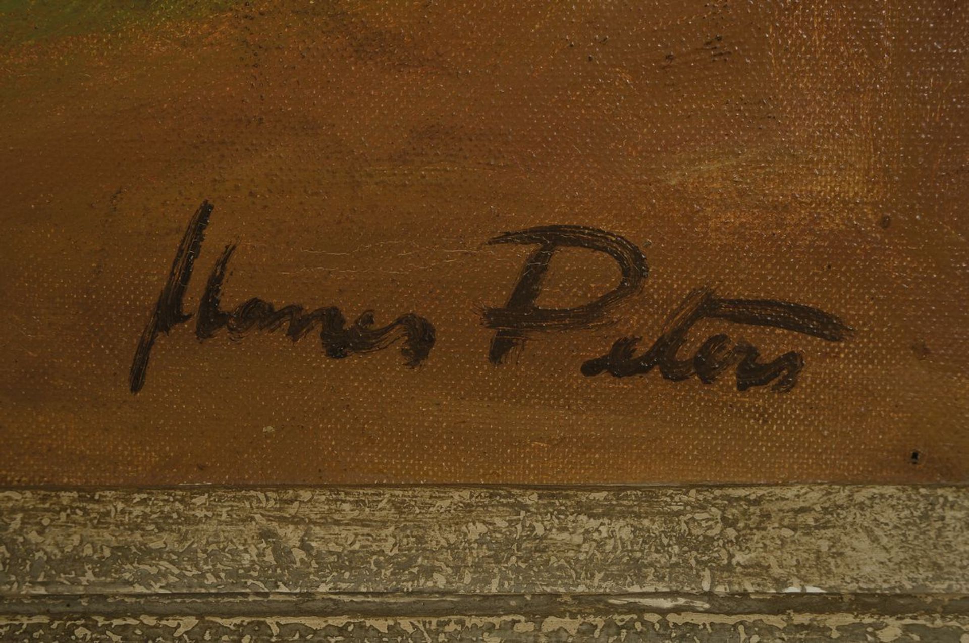 Manes Peters, 1906-1980, Bauer mit Pferdefuhrwerk am Fluss, Öl/Lwd., re. unten signiert, ca. 71 x 80 - Bild 2 aus 3