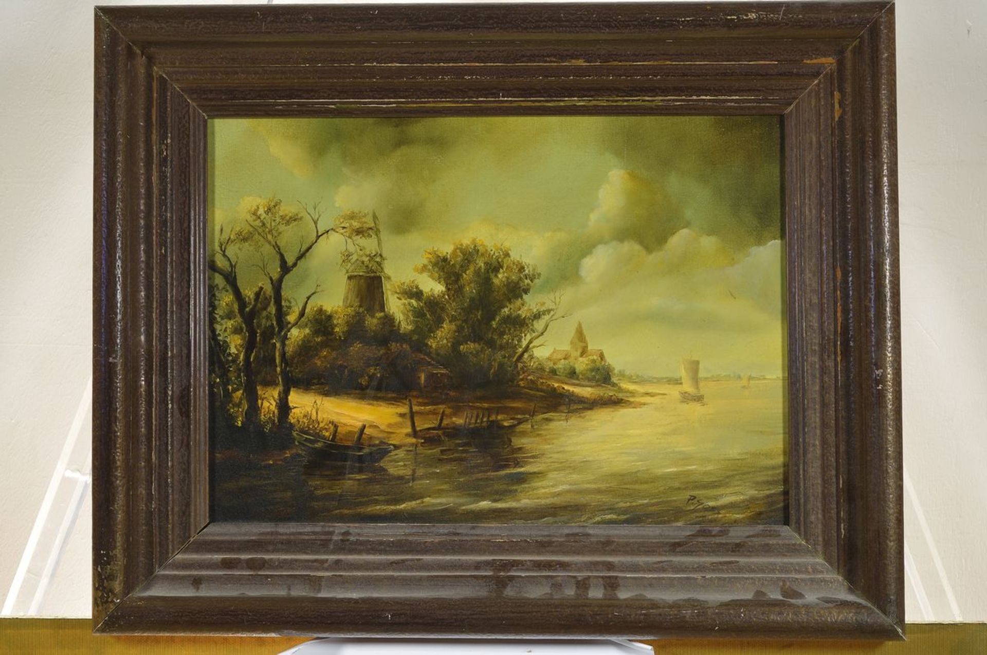 P. Joss, niederländischer Maler, frühes 20. Jh., Holländische Küstenlandschaft mit Windmühle, Öl/ - Bild 3 aus 3