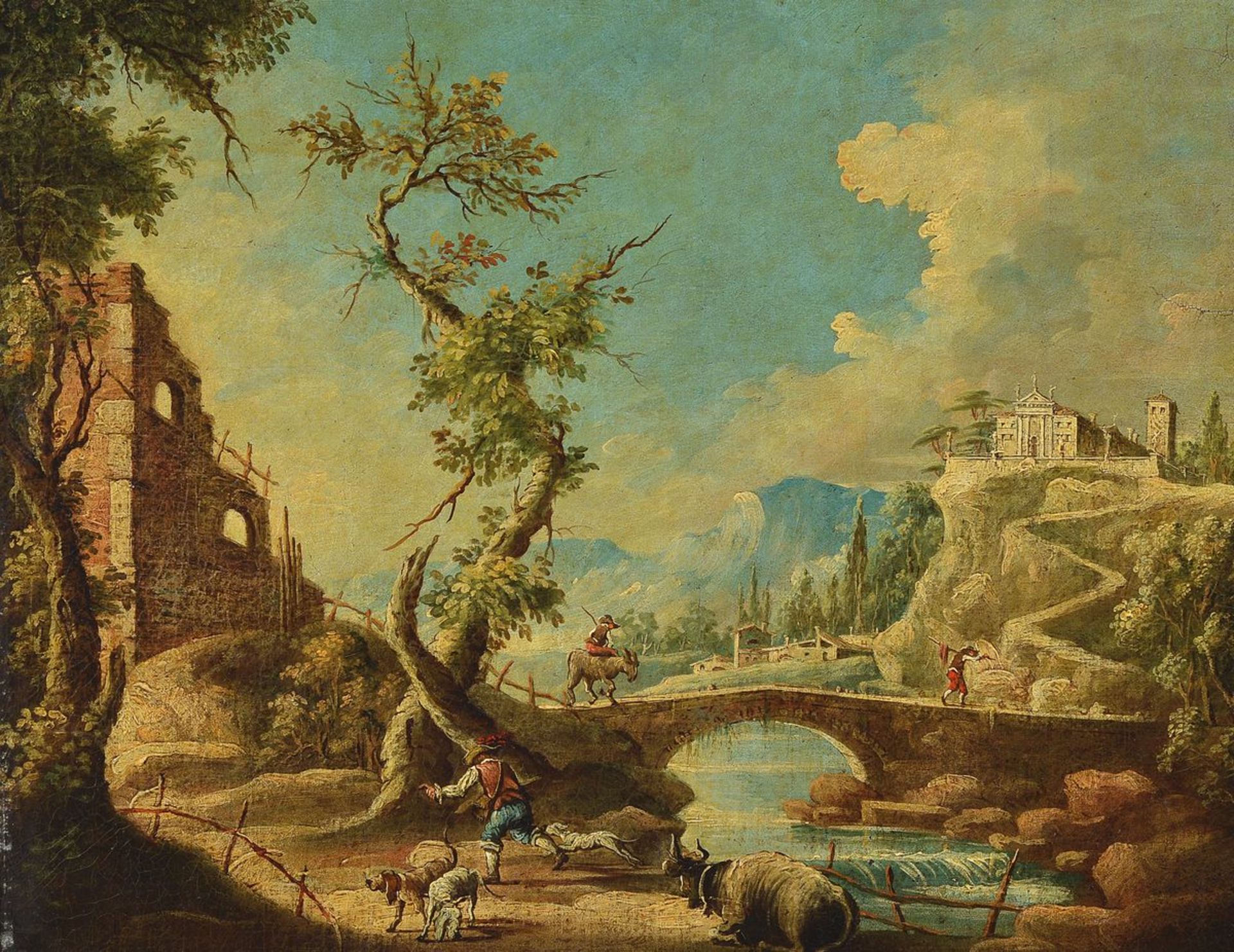 Unbekannter Künstler, wohl Italien, 18. Jh., Landschaft mit Fluss, Personen beim Überqueren einer