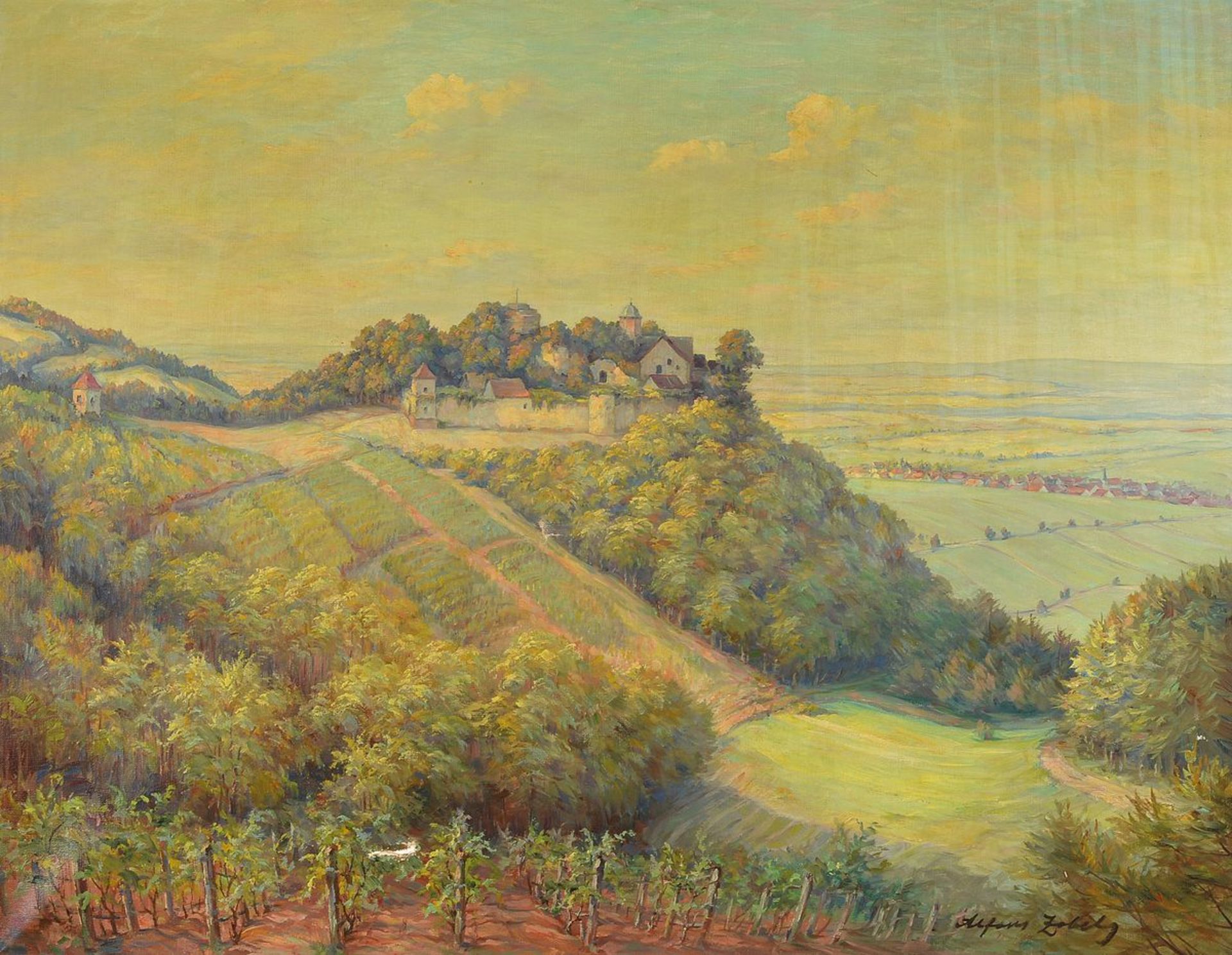 Alfons Zobel, 1889 Hagenbach-1970 Kaiserslautern, Blick auf die Kropsburg bei Maikammer, Öl/Lwd,