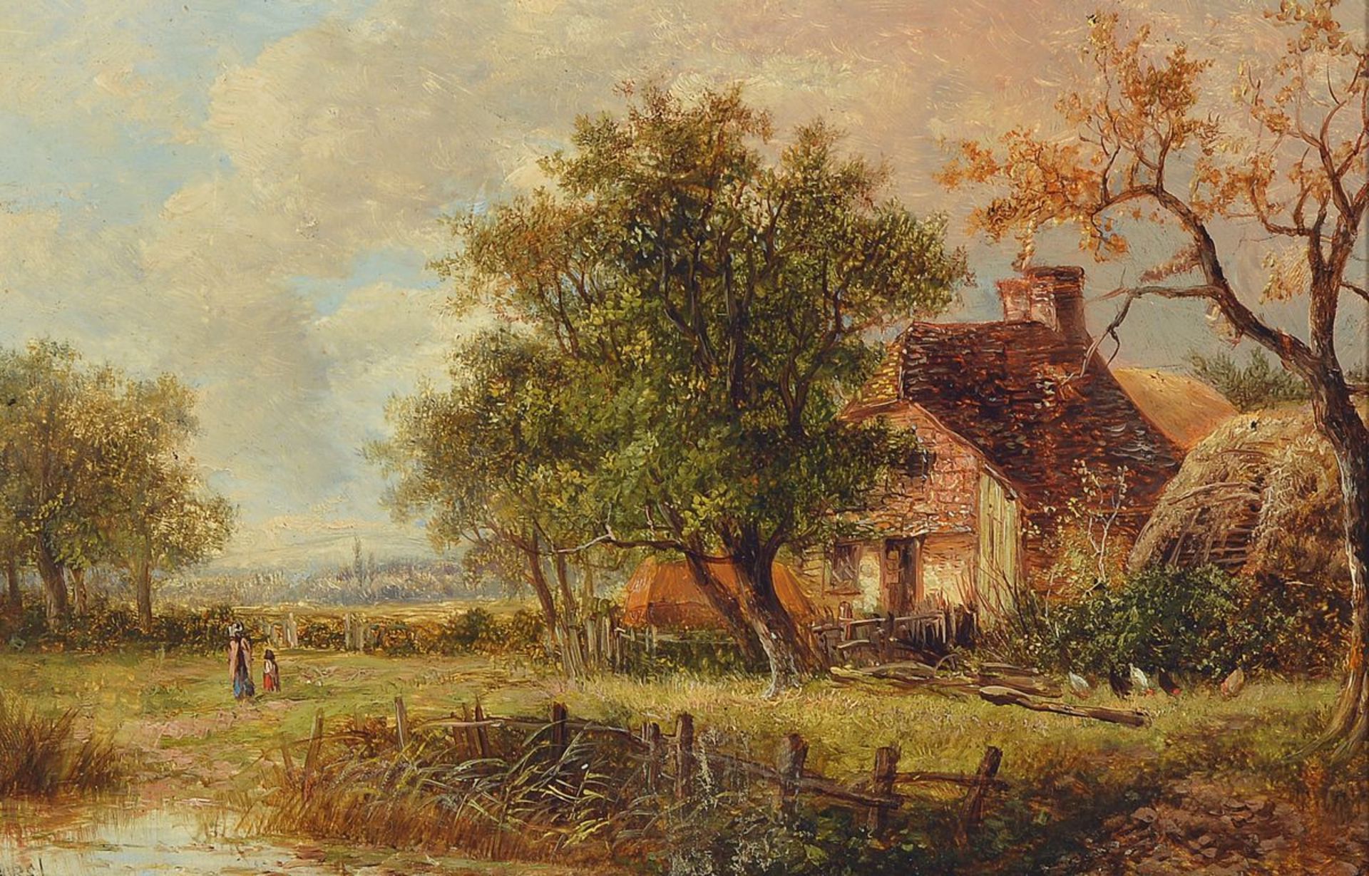 Joseph Thors, erwähnt um 1863-1900, englische Flußlandschaft mit Cottage, und Personen, Öl/Holz, li.