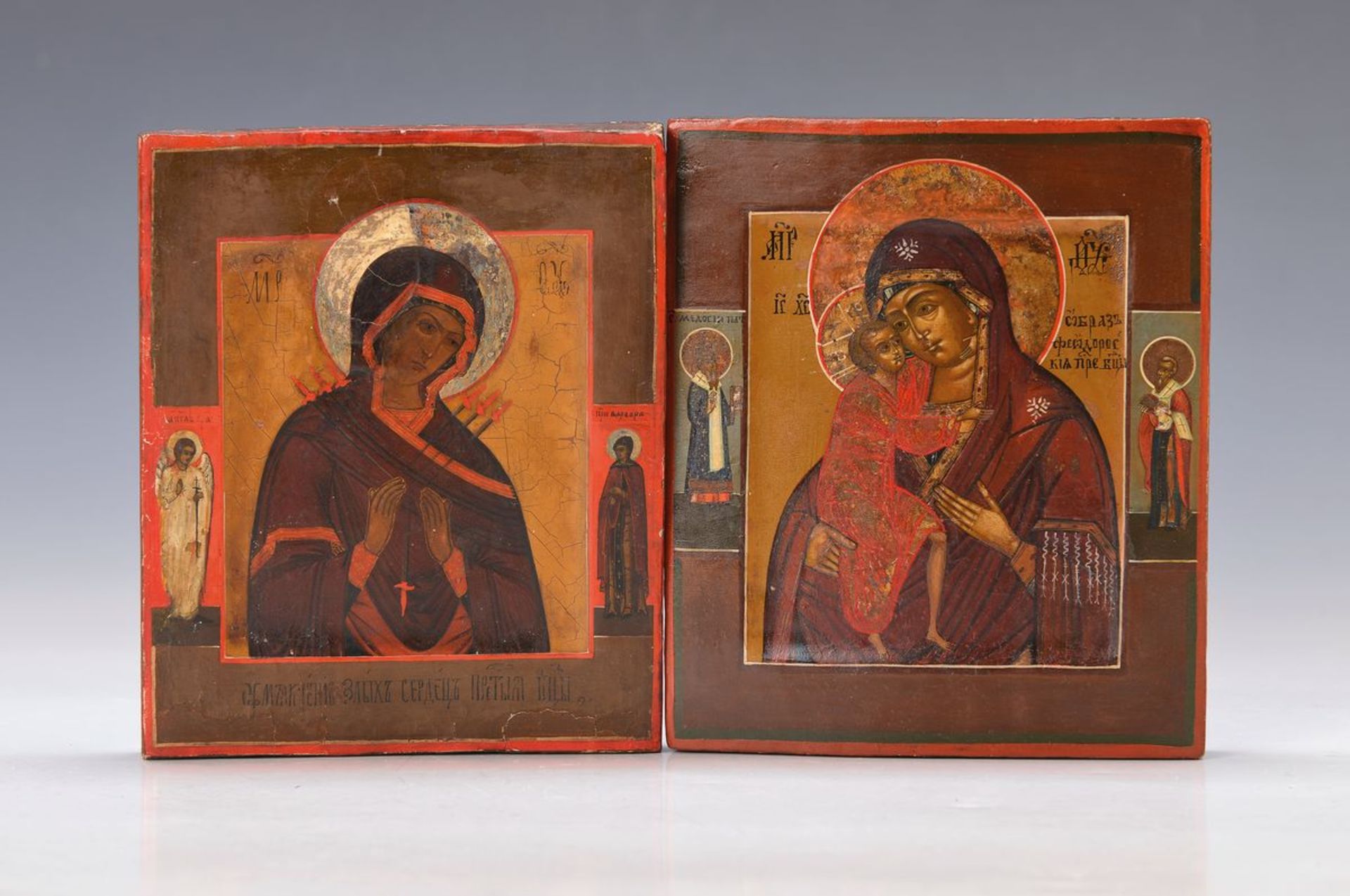 Zwei Ikonen, Russland, 19. Jh., 1x Gottesmutter bzw. Maria mit Kind, am Rand