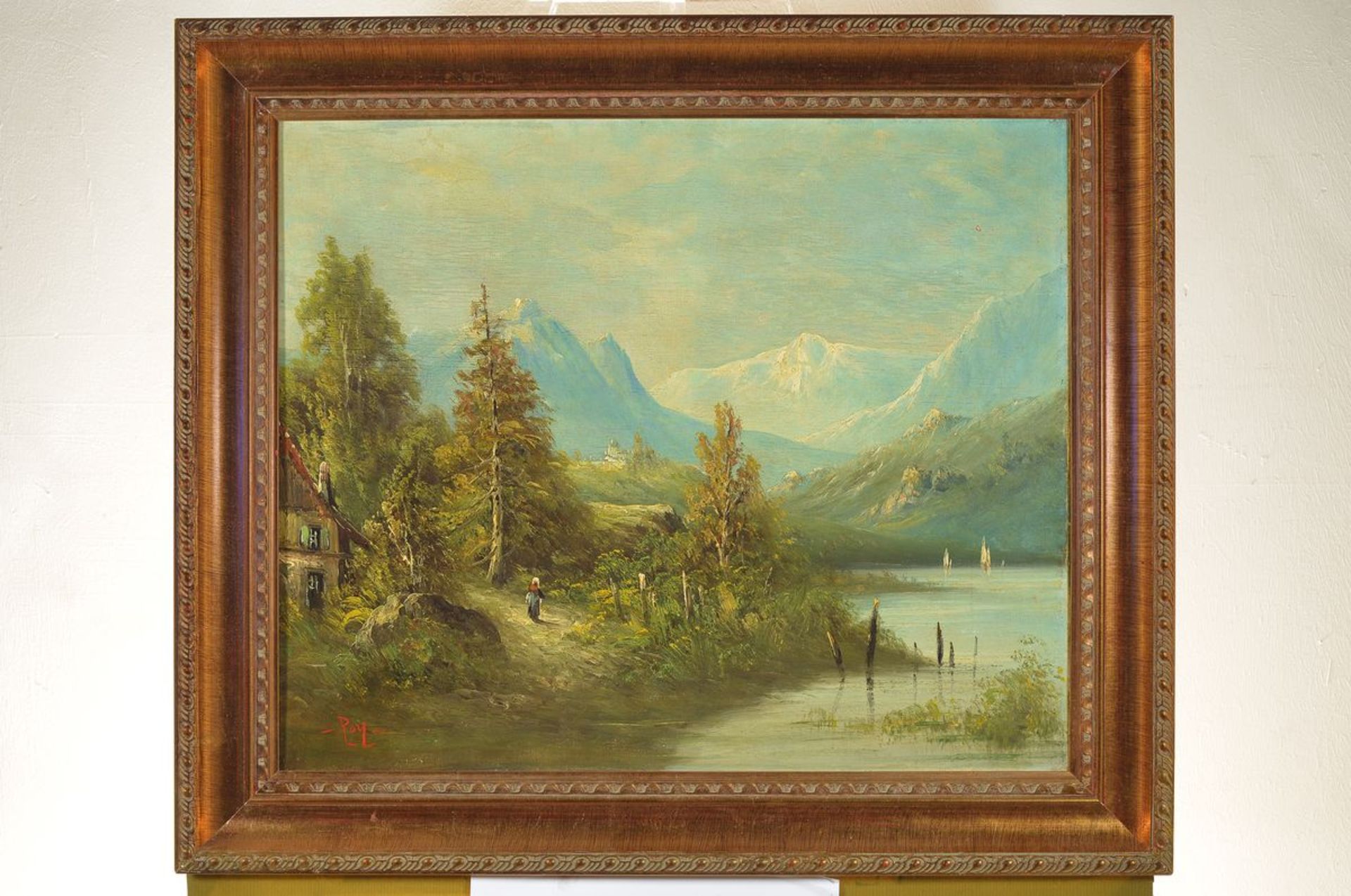 Roy, Maler der 2. Hälfte des 19. Jh., Vorgebirgslandschaft mit See, Öl/Lwd, doubliert, links unten - Bild 3 aus 3