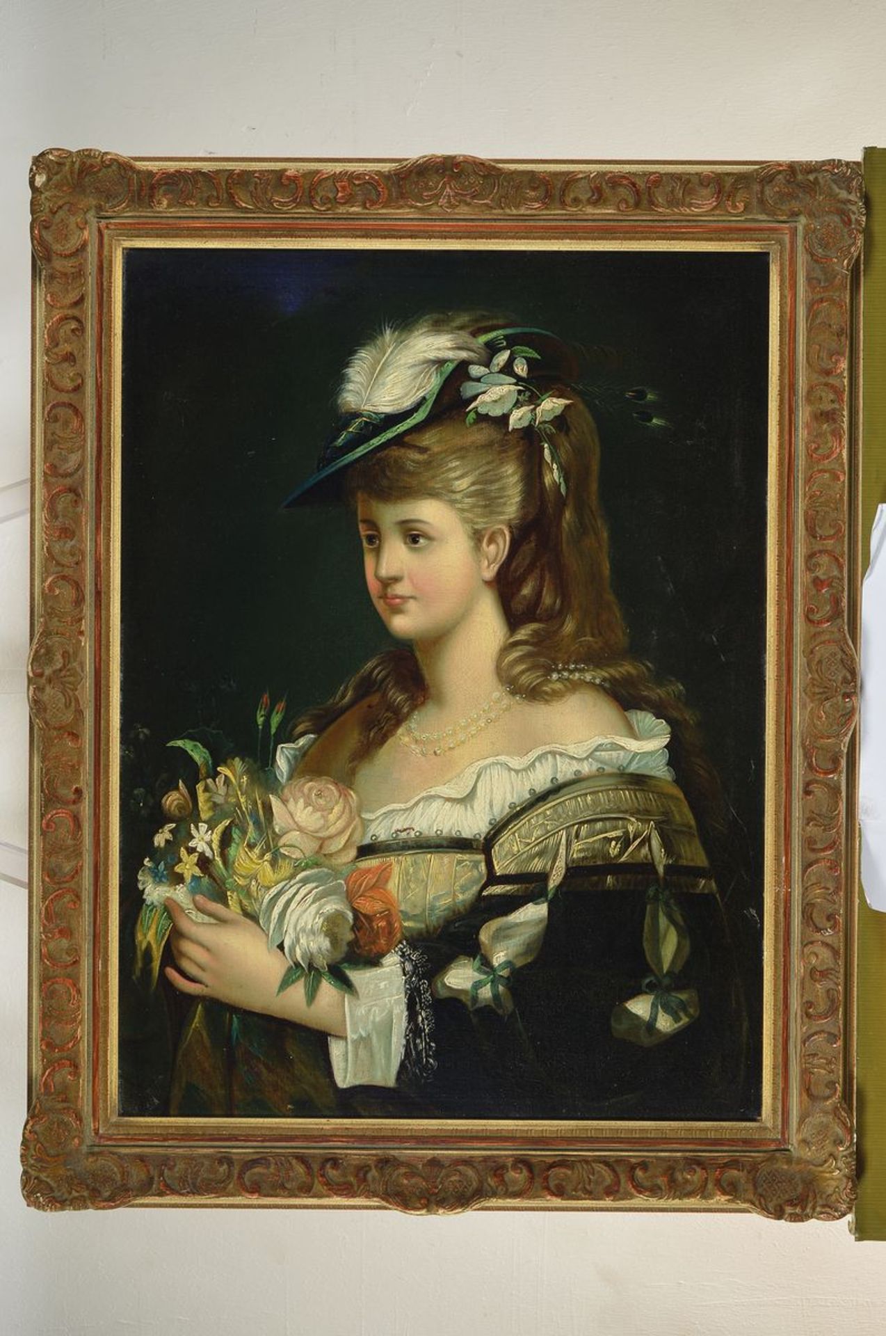 Unbekannter Maler der Wiener Schule, um 1870-1890, Porträt einer jungen Frau mit Blumen und Hut, - Bild 2 aus 2