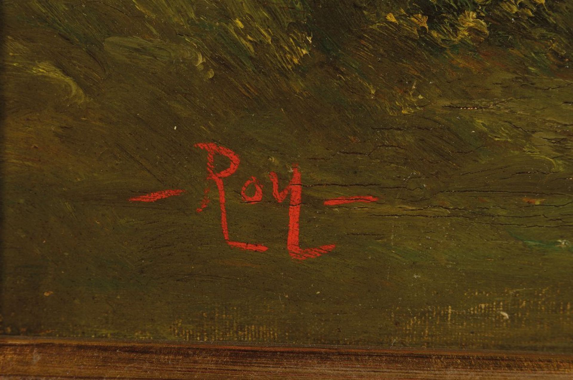 Roy, Maler der 2. Hälfte des 19. Jh., Vorgebirgslandschaft mit See, Öl/Lwd, doubliert, links unten - Bild 2 aus 3