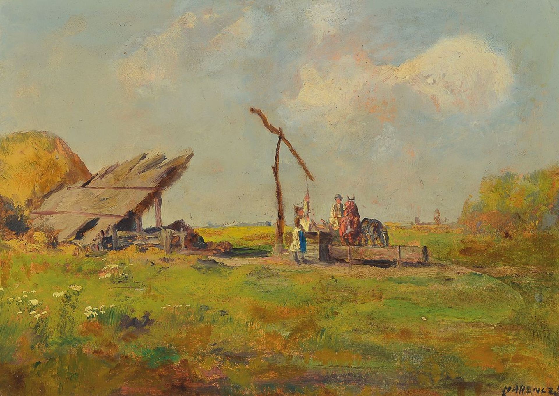 Joseph Harencz, 1899-1969, Brunnen in der Puszta, Öl/Malkarton, rechts unten signiert, ca. 24x34cm/