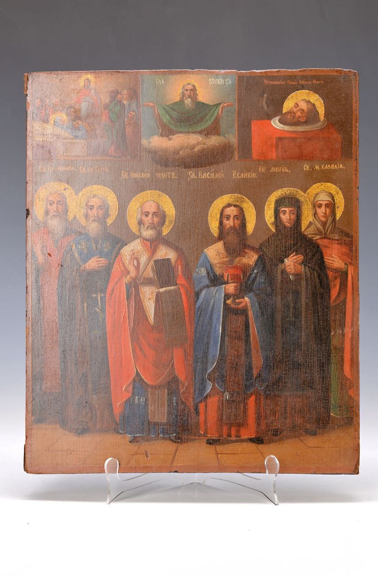 Vierfelderikone, Russland, um 1900, Darstellung von Nationalheiligen bzw. biblischen Szenen u.a.