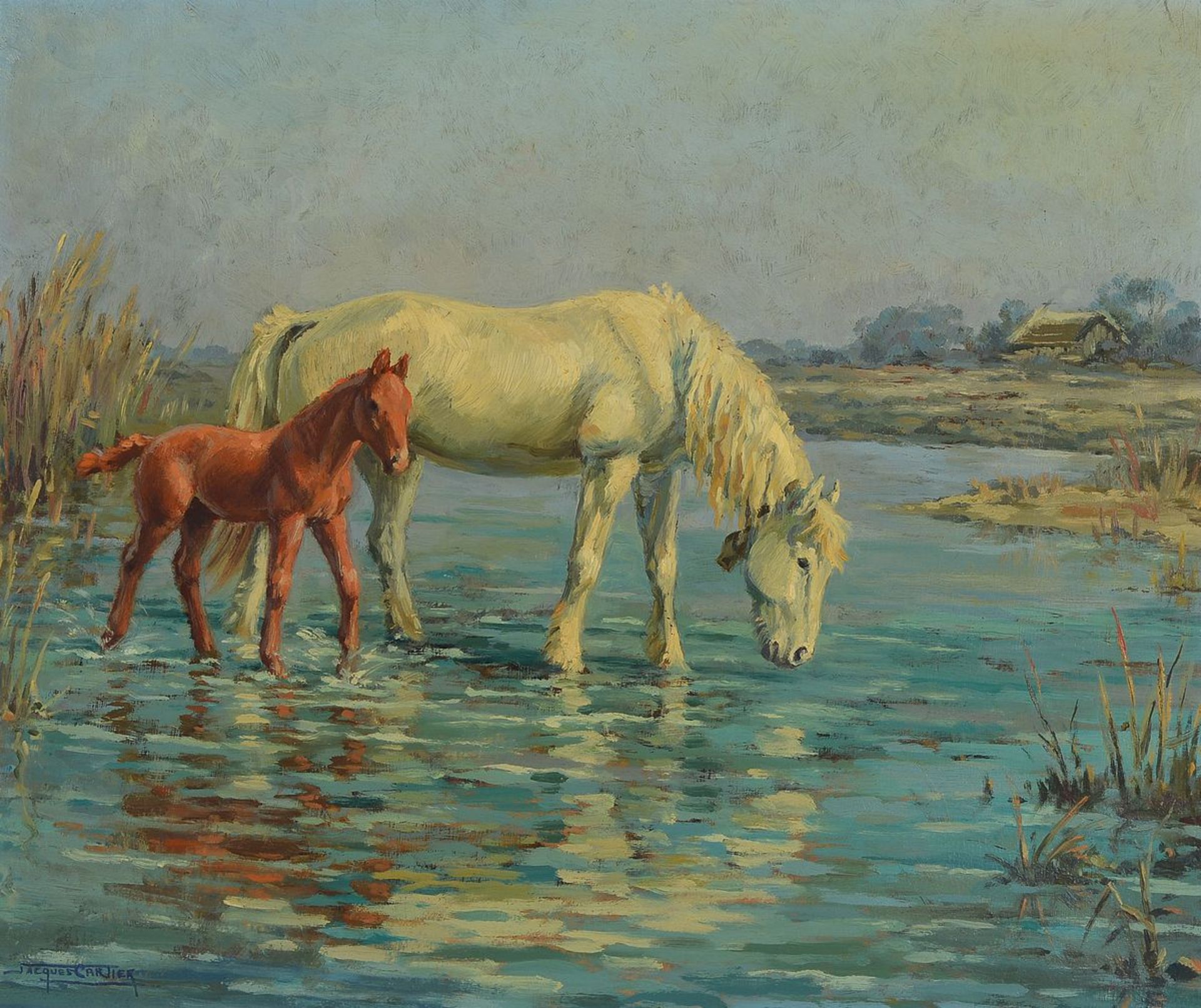 Jacques Cartier, 1907-2001, Stute und Fohlen am Fluss, Öl/Lwd, signiert, ca. 47 x 54 cm,