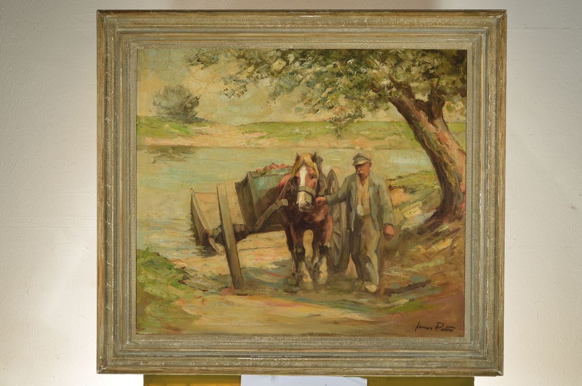 Manes Peters, 1906-1980, Bauer mit Pferdefuhrwerk am Fluss, Öl/Lwd., re. unten signiert, ca. 71 x 80 - Bild 3 aus 3