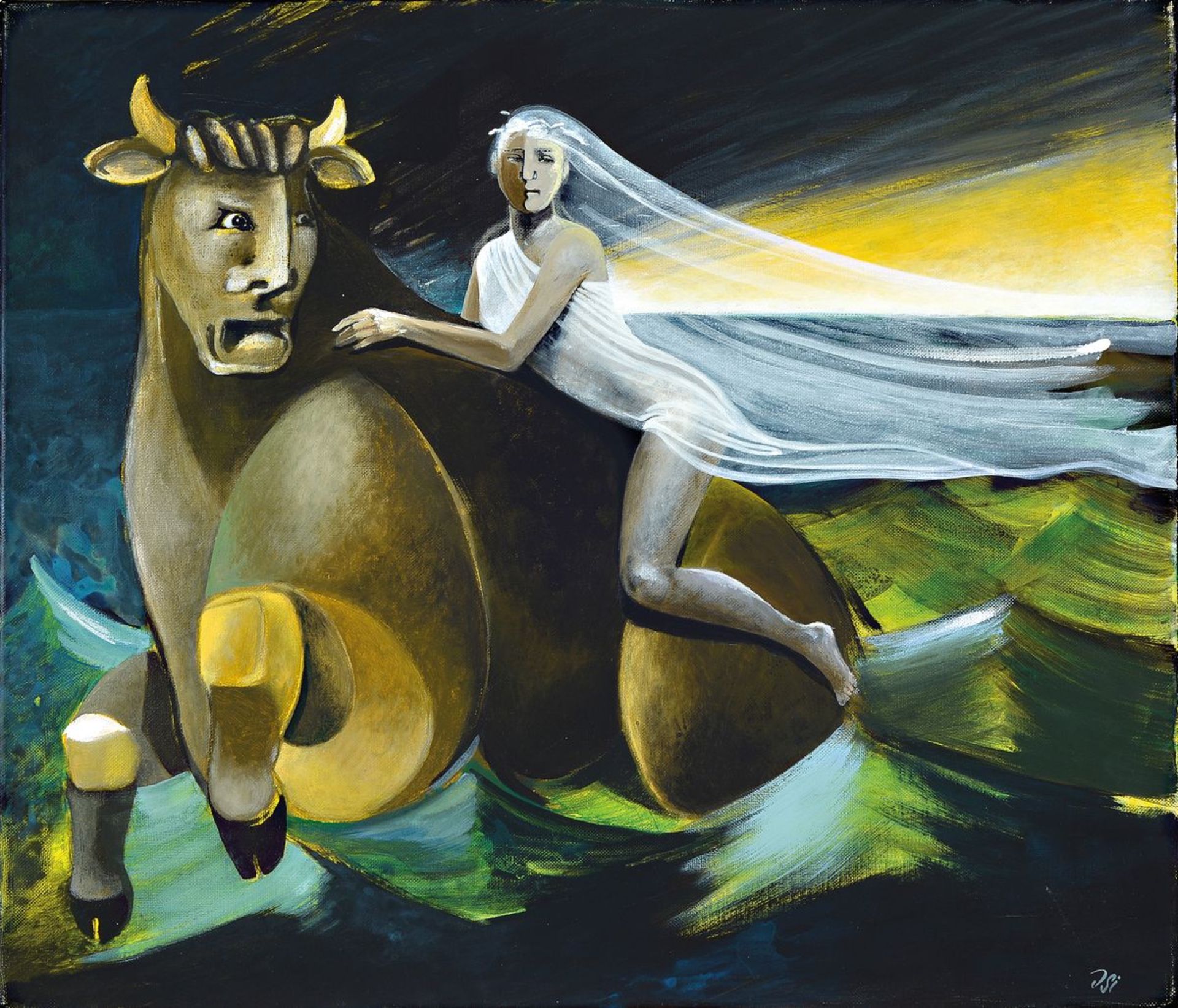 Ingrid Dickmann, geb. 1942, "Europa und der Stier" , Acryl/Lwd, re. u. signiert Isi, ca.60,5x70