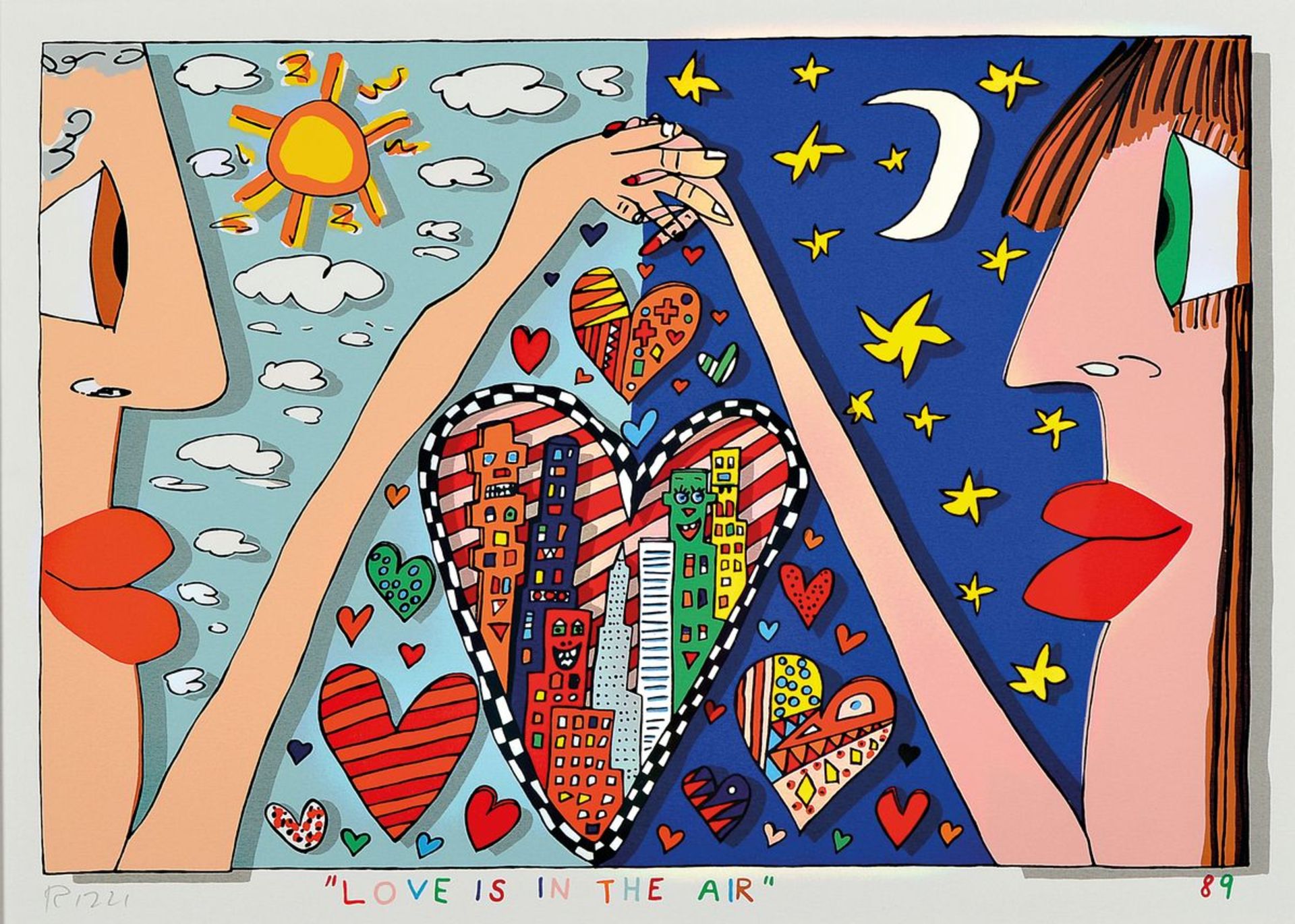 James Rizzi, 1930-2011, Love is in the Air, Lithografie, handsign., dat. 89, unter Glas gerahmt,