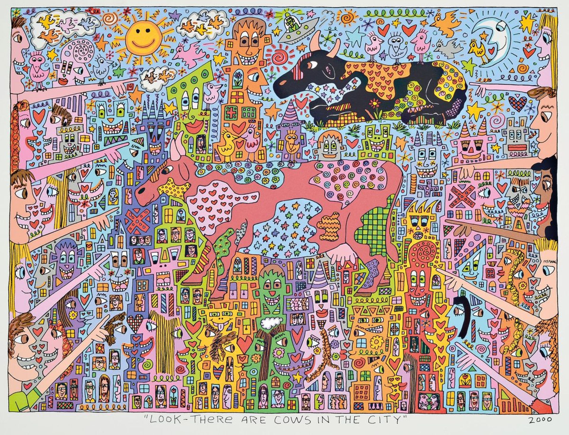 James Rizzi, 1950-2011, "Look there are cows in the city", Farblithografie, dat. 2000, Motiv ca.