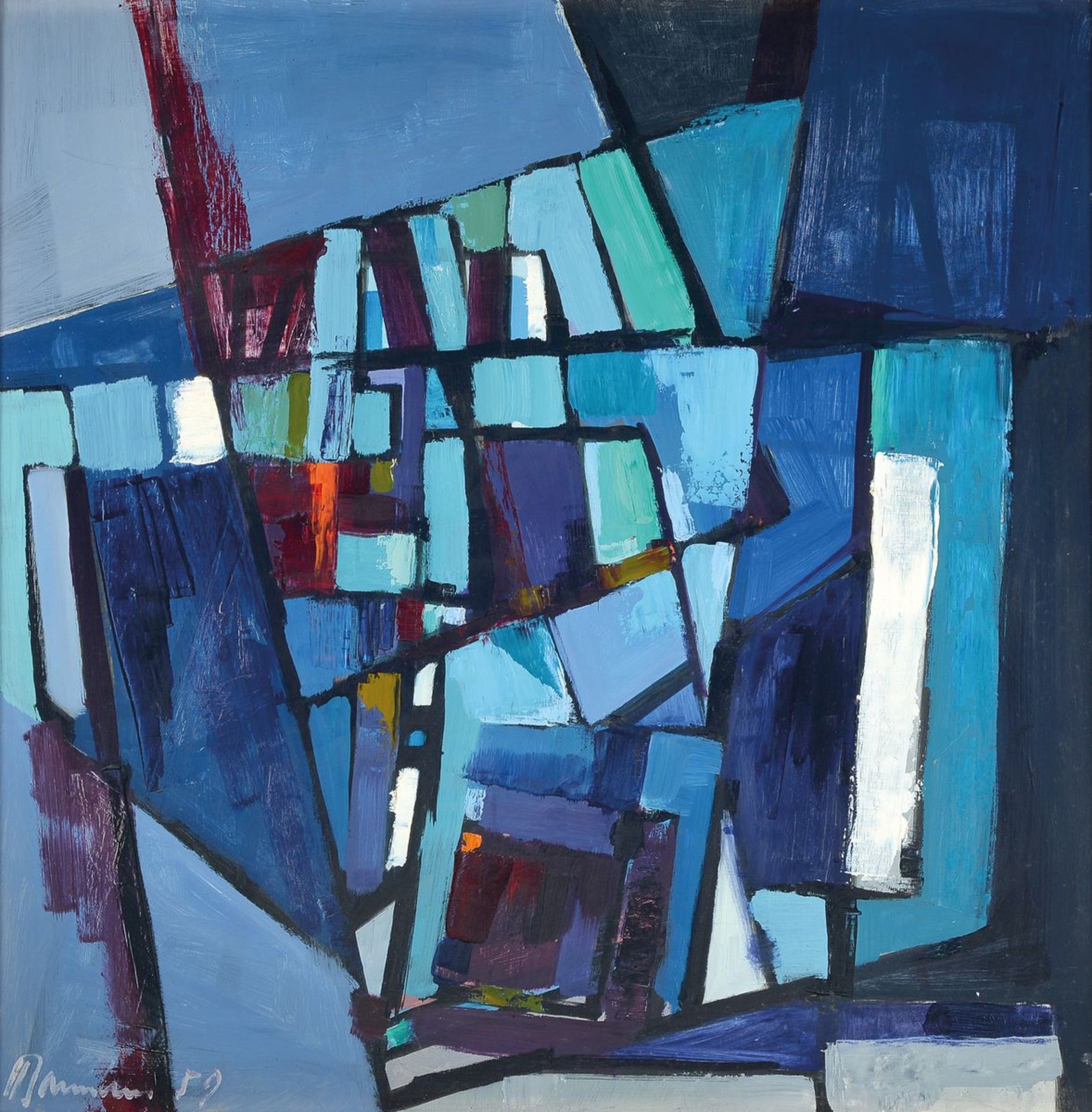 Hans Theo Baumann,1924-2016, Häuser auf blauem Gestein, Öl/Platte, signiert dat. 59, ca. 90 x 90 cm,