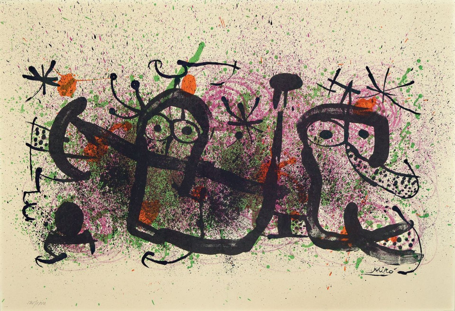 Joan Miro, 1893-1983, Farblithographie, num. 545/1000, ca. 35x52cm, u.Gl., R.Joan Miro, 1893-1983,