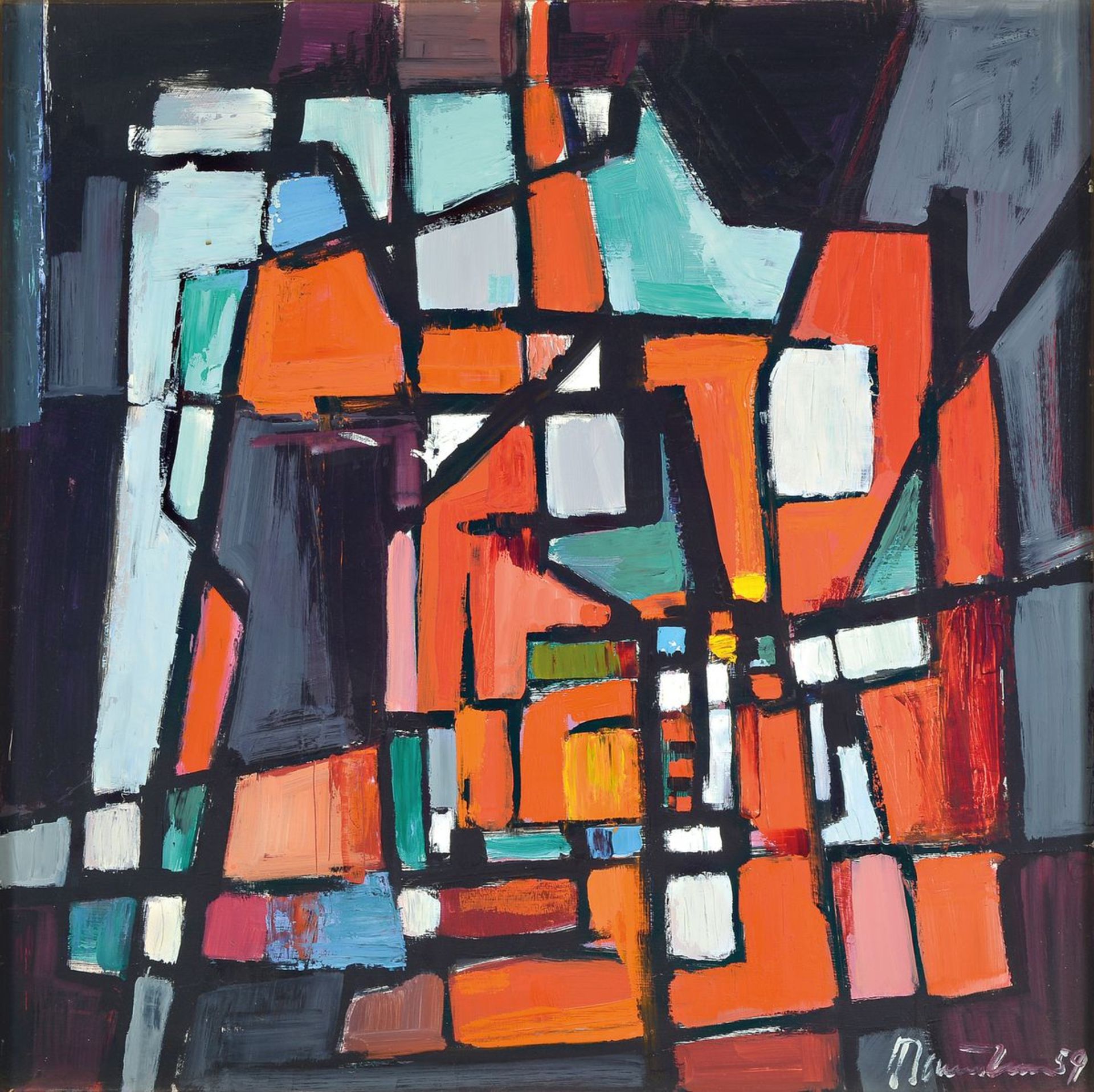 Hans Theo Baumann,1924-2016, Häuser auf rotem Gestein, Öl/Platte, signiert dat. 59, ca. 90 x 90