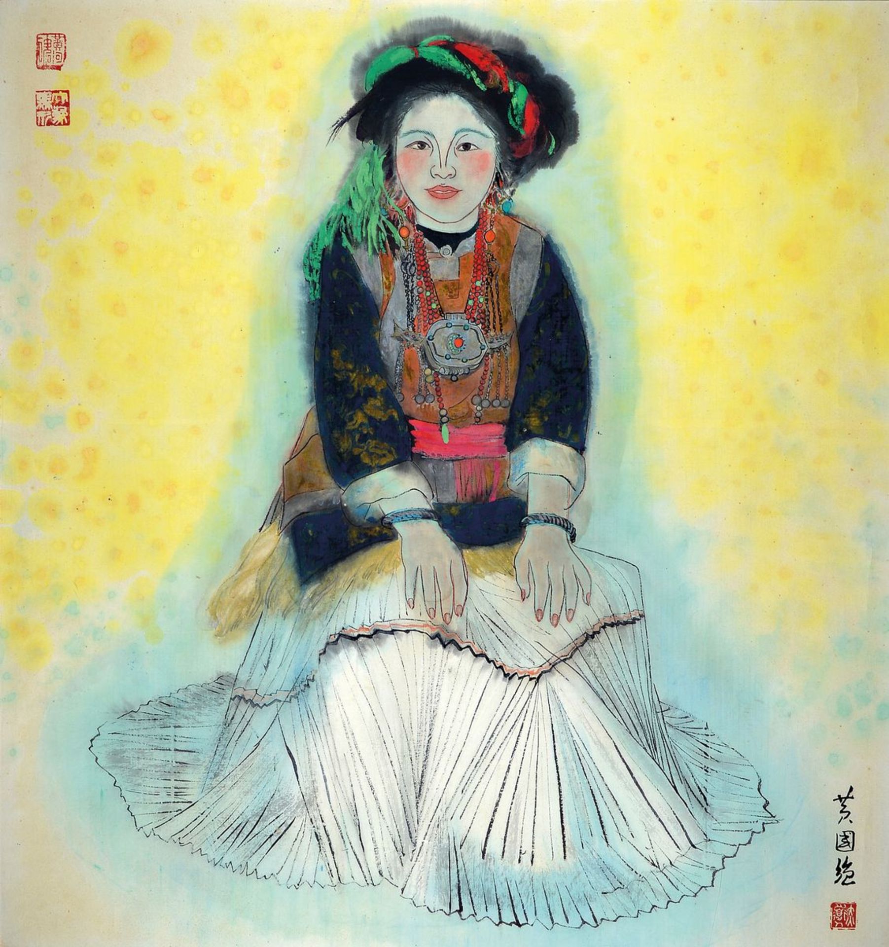 Guo-Qiang Huang, geb. 1932, Tusche/Aquarell auf Papier, mit Signaturstempel unten rechts, junge Frau