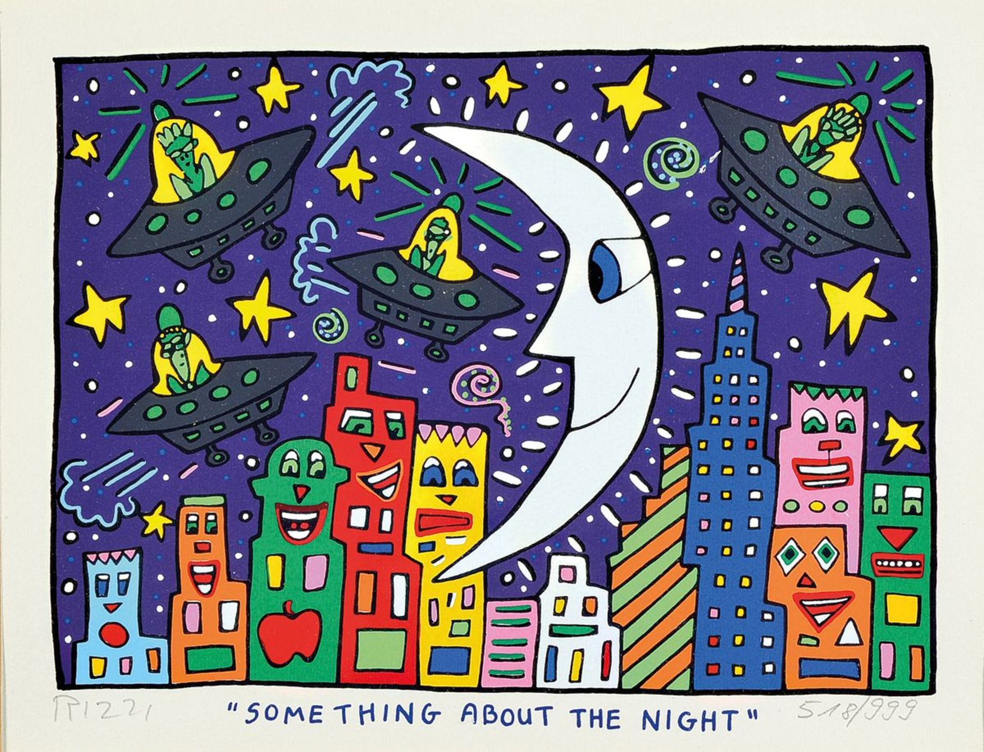 James Rizzi, geb. 1950 New York -2011, Something about the night, Farblithografie, links unten