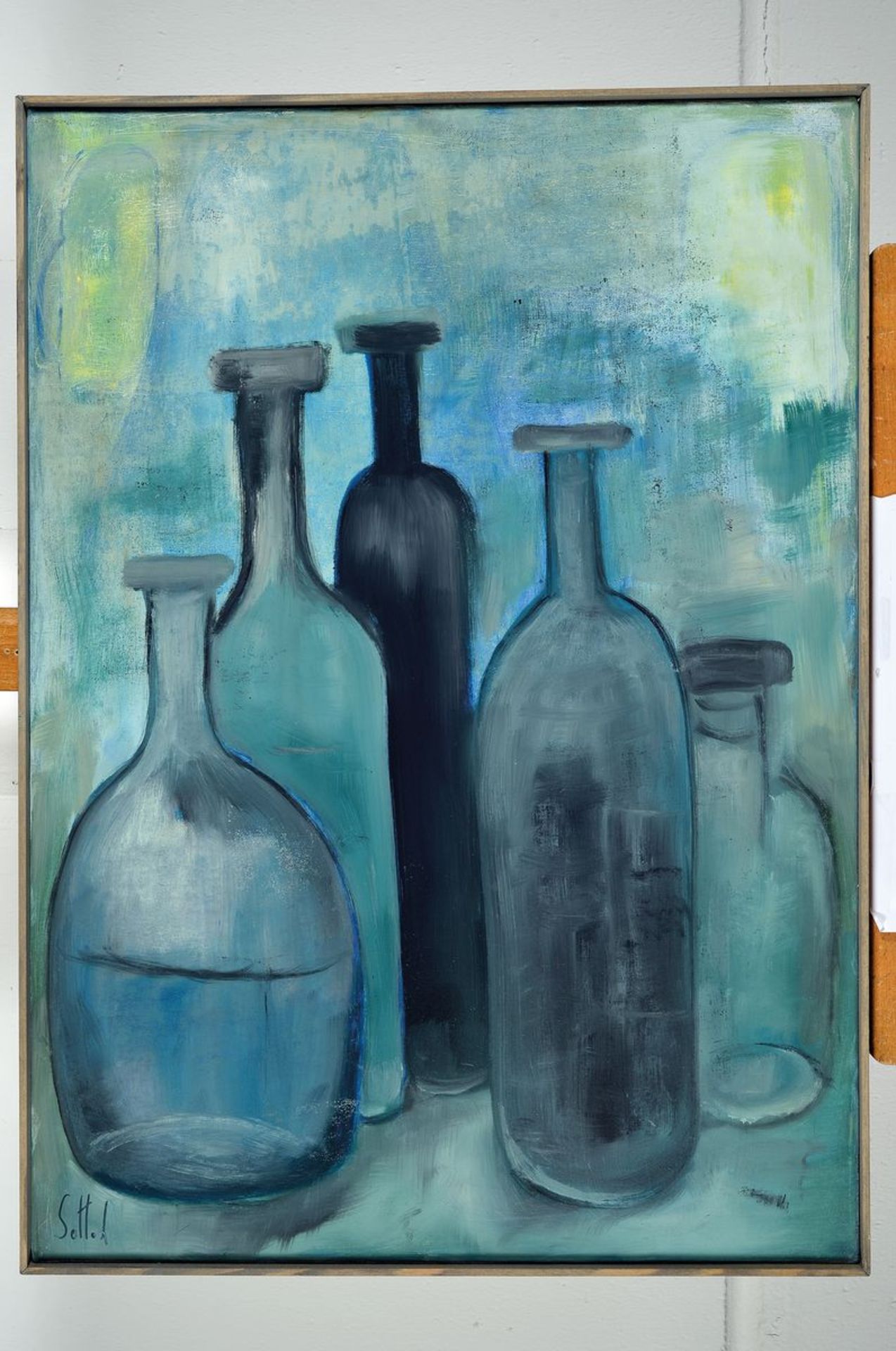 Lucien Sotto, zeitgenössischer Belgischer Künstler, Stillleben mit Flaschen, Öl/Lwd, sign., ca. - Bild 2 aus 2