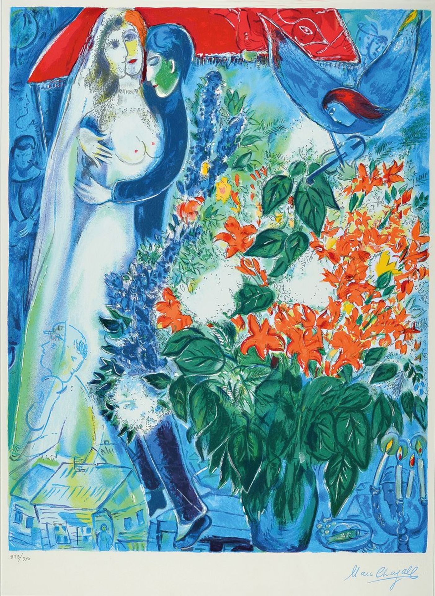 Marc Chagall, 1887-1985, Brautpaar unter Baldachin, Farbsiebdruck, limit. Auflage, num. 879/950, ca.