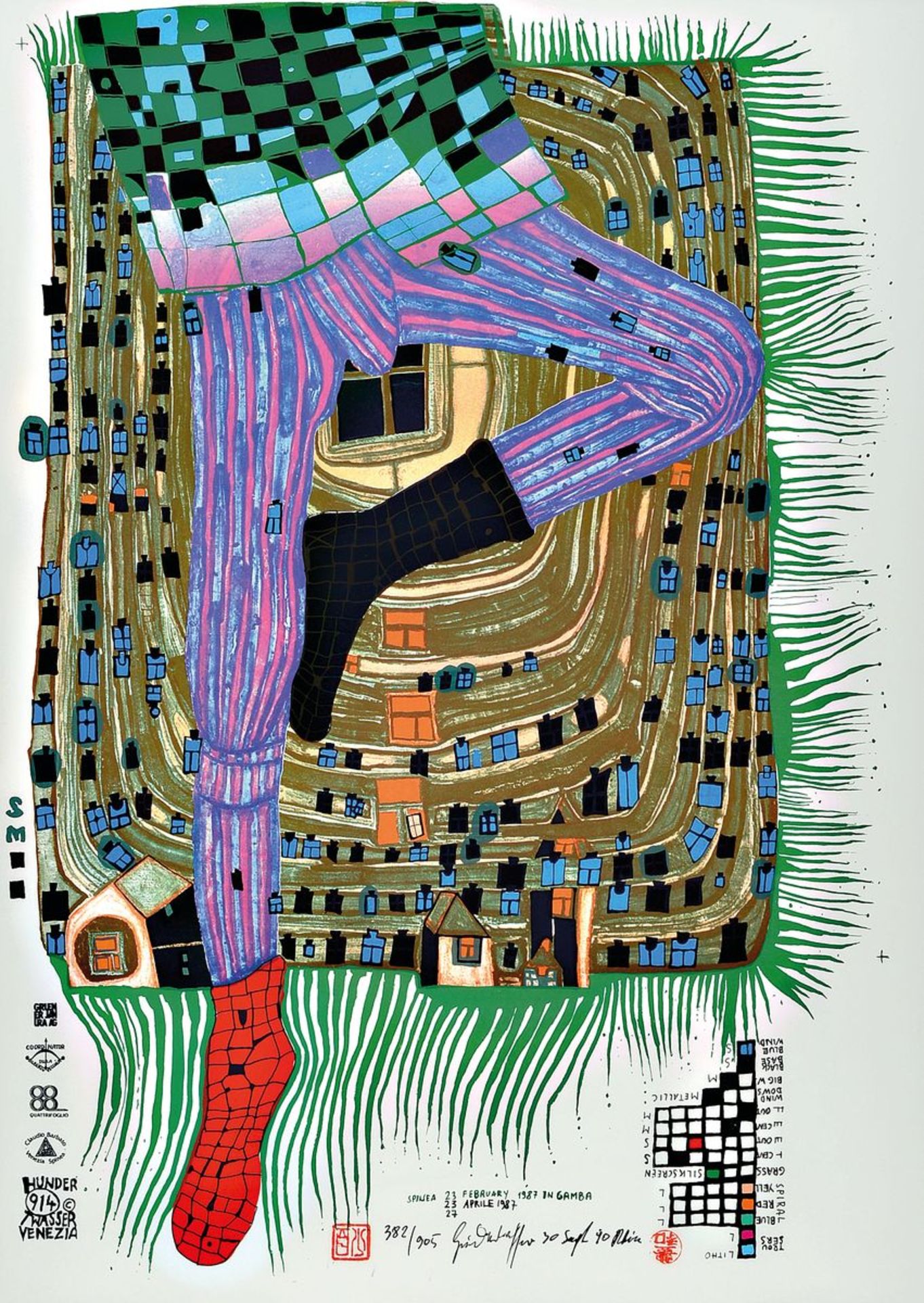 Friedensreich Hundertwasser, 1928-2000, In Gamba, Farbserigraphie, handsigniert und num. 382/905,