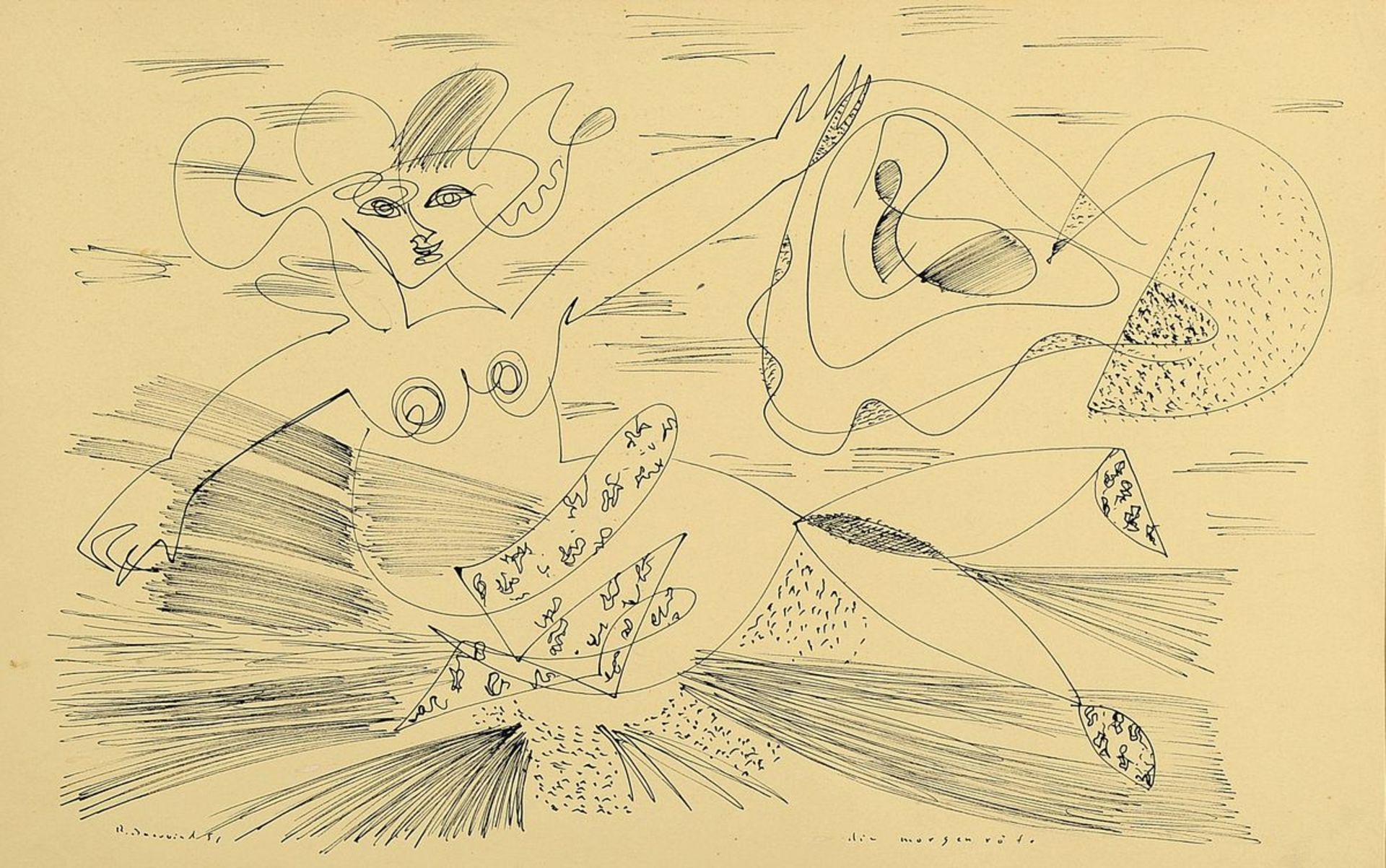 Rudi Baerwind, 1910 Mannheim - 1982, Federzeichnung auf Papier, "die Morgenröte", spürbarer