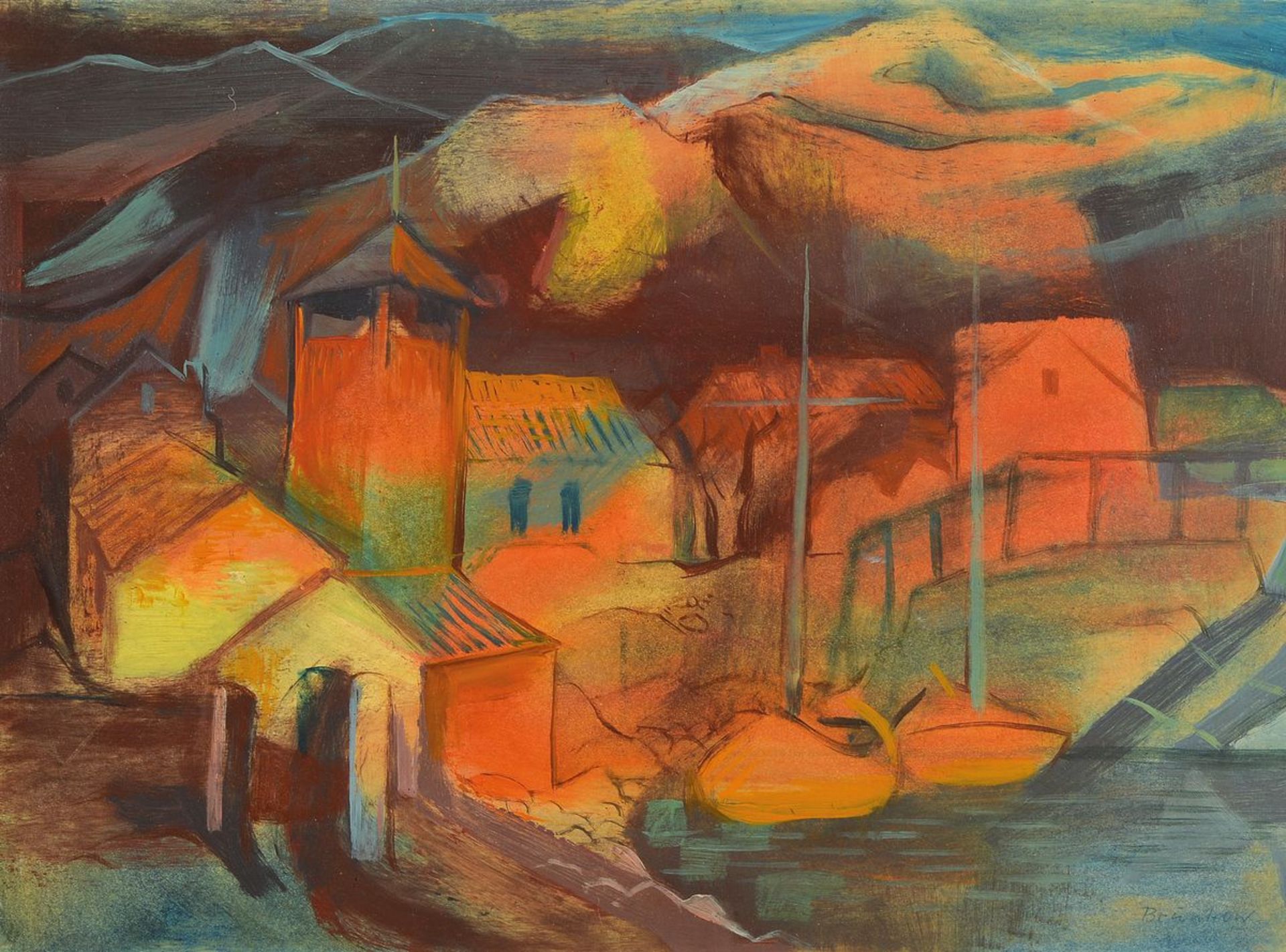 Willi Brunkow, 1904-1983, Blick auf ein Dorf im Abendrot, Gouache/Malkarton, rechts unten