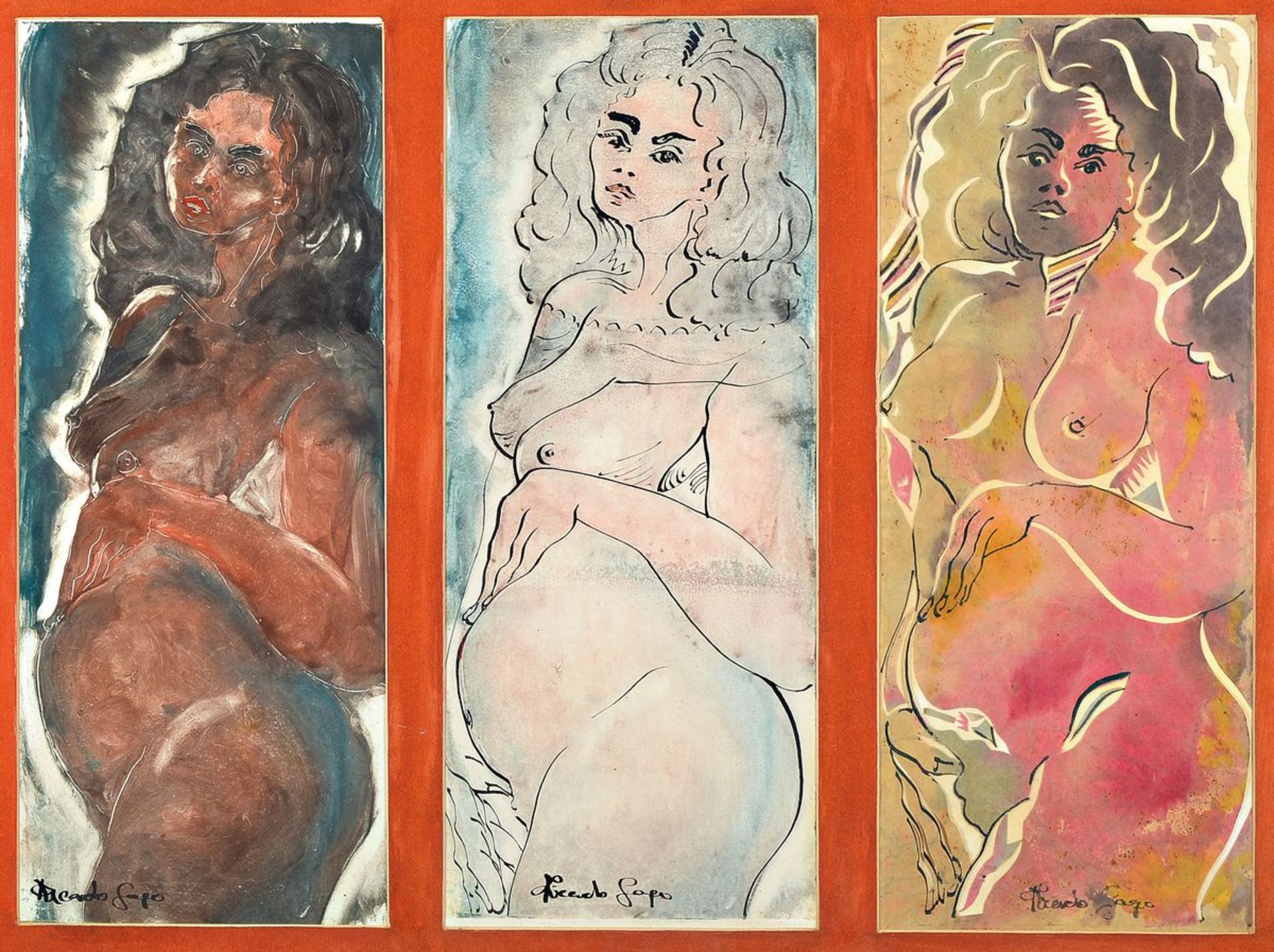 Ricardo Gago, geb. 1949, Can Gili, zeitgenössischer spanischer Künstler, drei Frauenakte, Aquarelle,