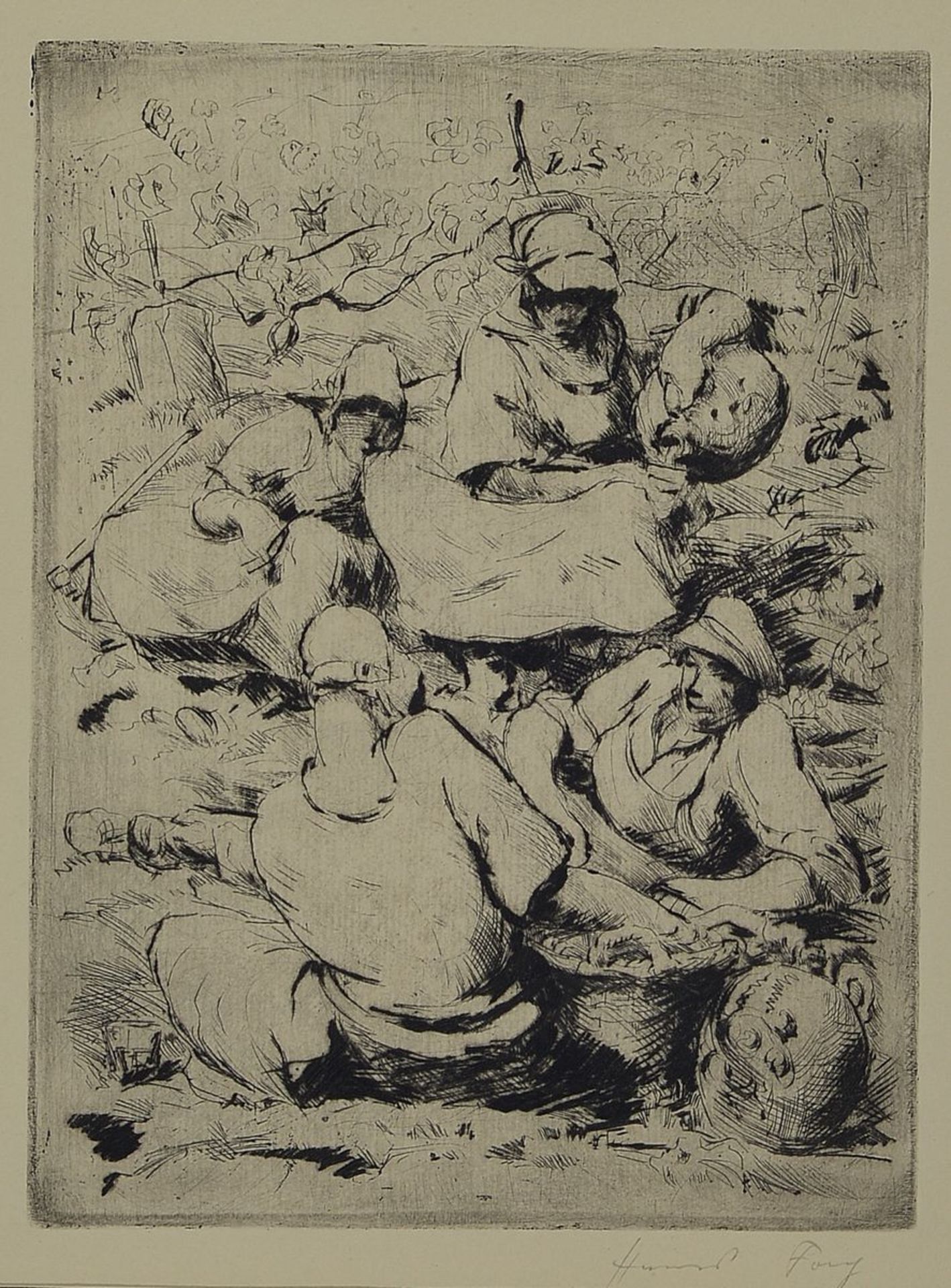 Hanns Fay, 1888-1957, Kaltnadelradierung, "Menschen auf der Wiese", sign., unter Glas gerahmt, Motiv