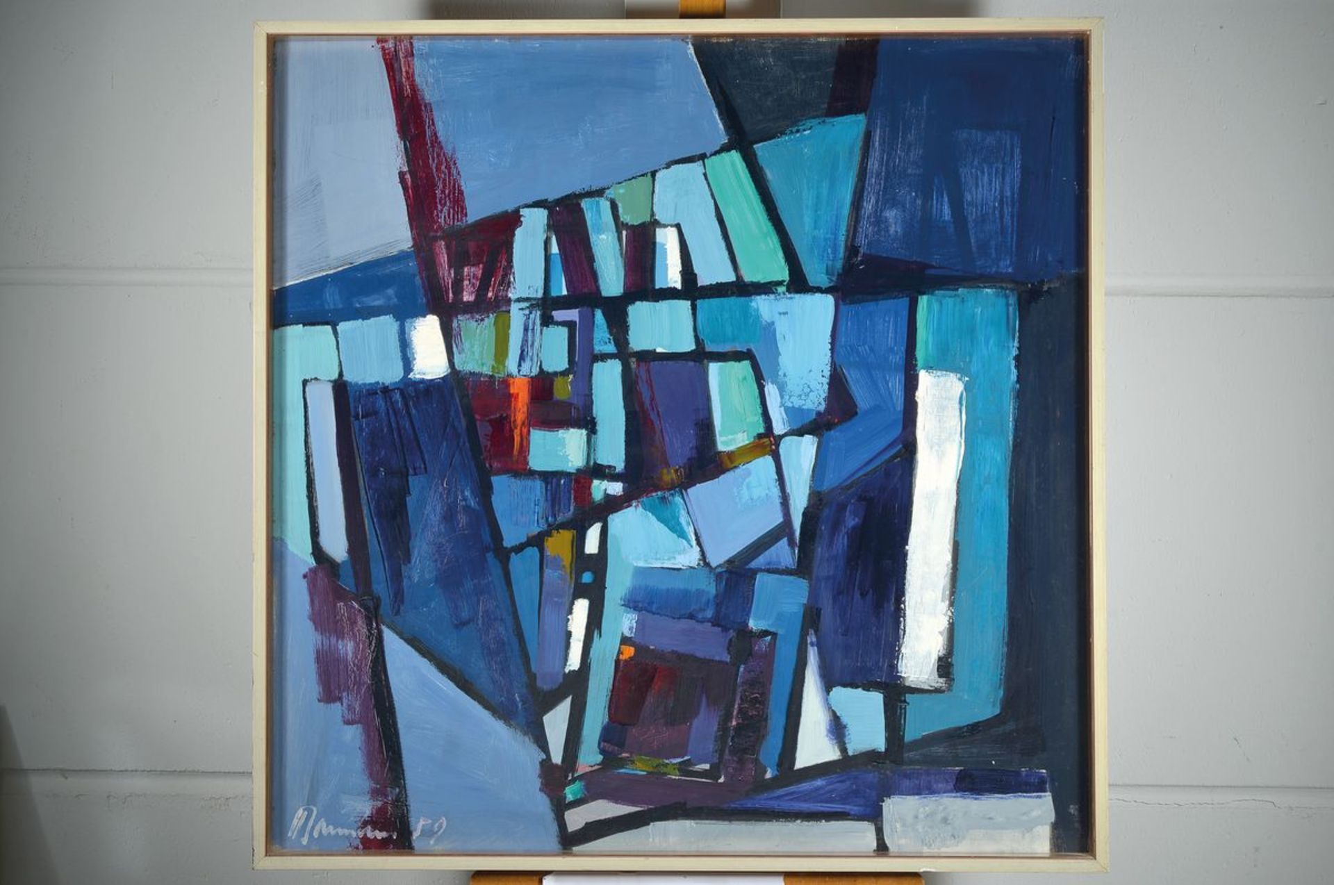 Hans Theo Baumann,1924-2016, Häuser auf blauem Gestein, Öl/Platte, signiert dat. 59, ca. 90 x 90 cm, - Bild 2 aus 2