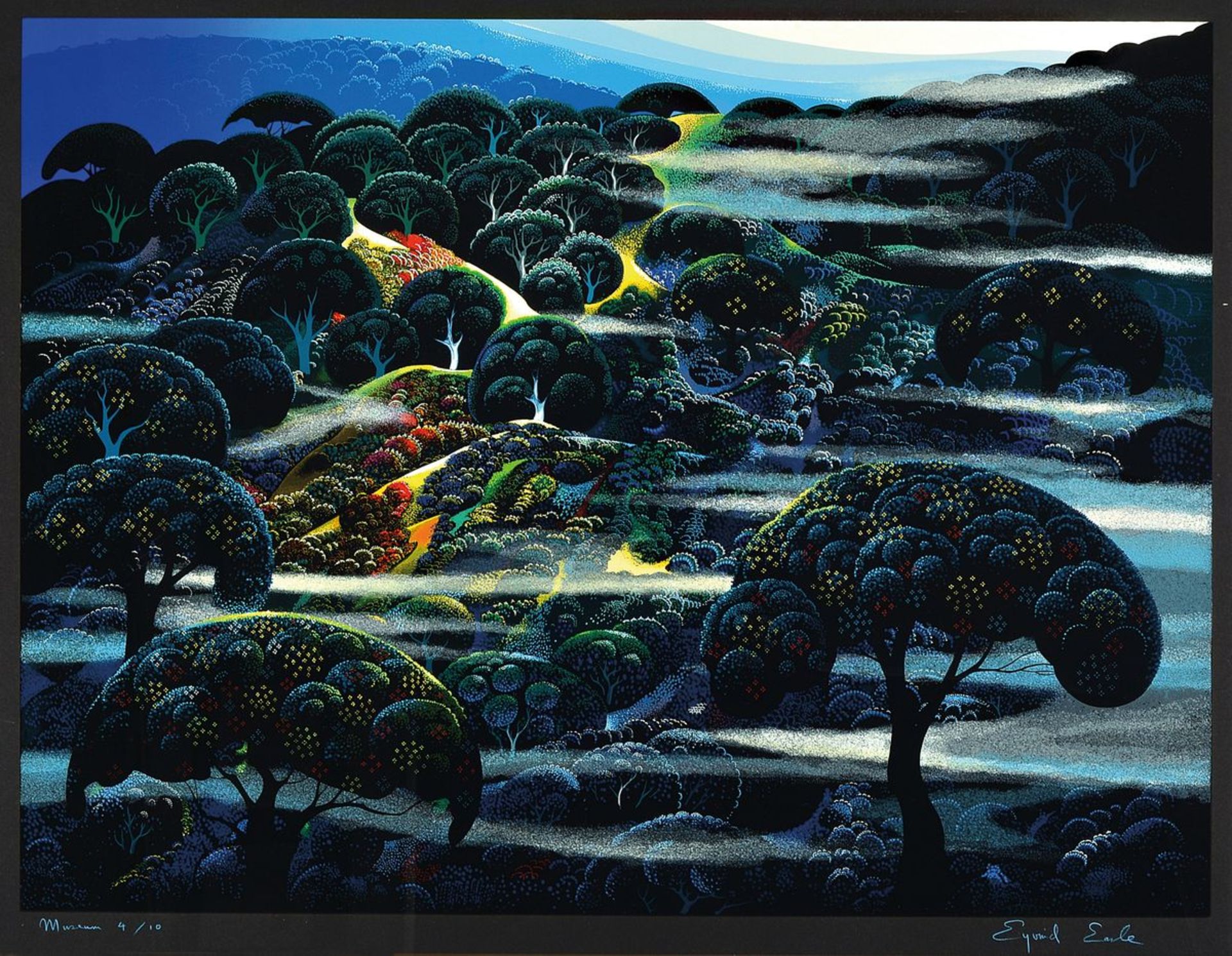 Eyvind Earle, 1916-2000, Farbserigrafie, sign., Auflage 10, num. 4/10, unter Glas gerahmt, gesamt