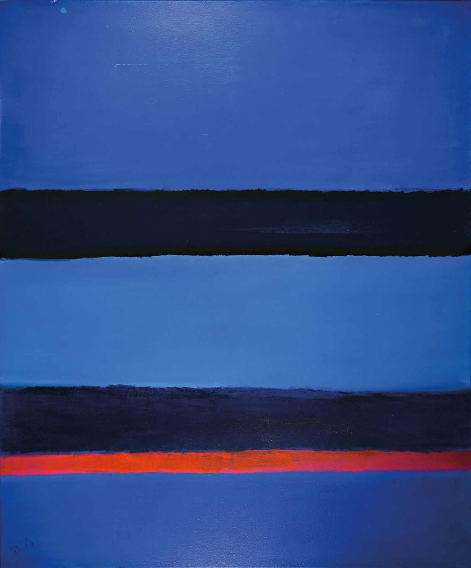 Gaston Gale, zeitgenössischer Belgischer Künstler, Abstrakte Komposition in Blau, Öl/Lwd, links