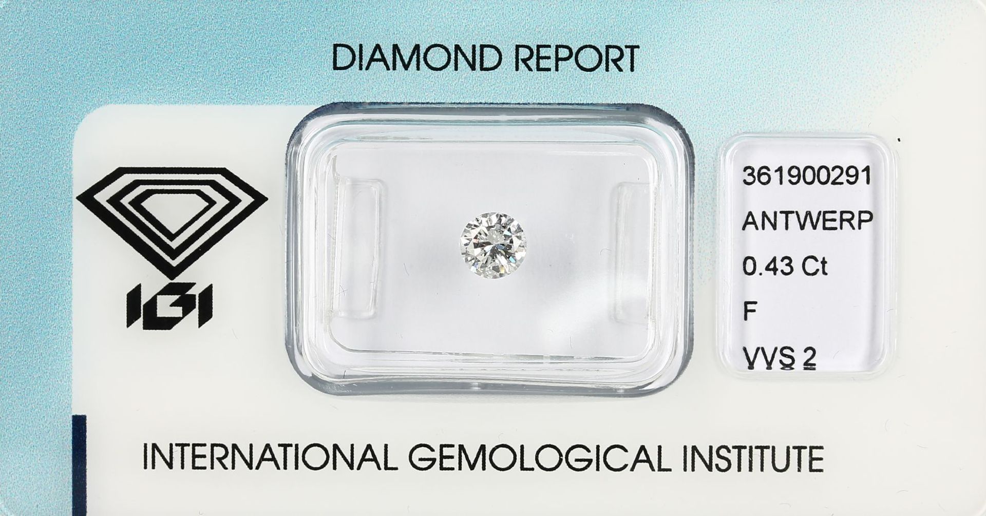 Loser Brillant ca. 0.43 ct feines Weiß(F)/vvs2Schliff und Politur: Gut, mit IGI Expertise