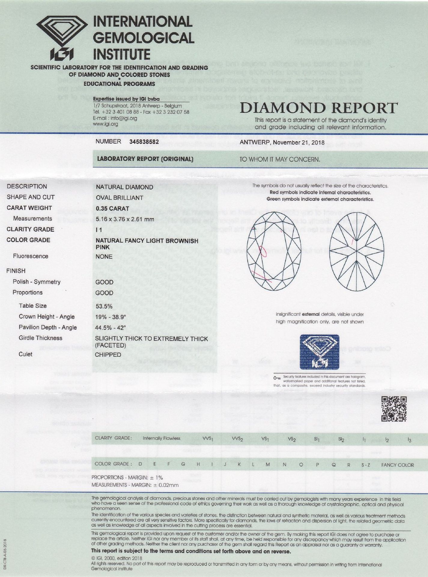 Loser Diamant 0.35 ct Natural fancy light brownish pink/p1, oval facett., mit IGI- Expertise - Bild 4 aus 4