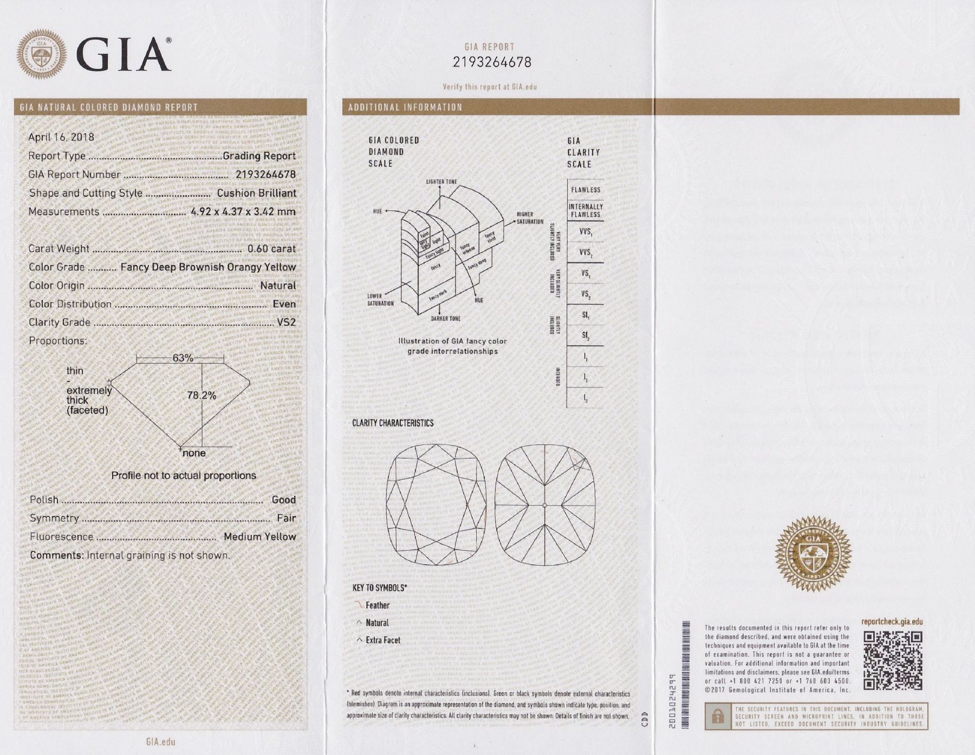 Loser Diamant, 0.60 ct Natural fancy deep brownish orang yellow/vs2, Kissenschliff, mit GIA- - Bild 4 aus 4