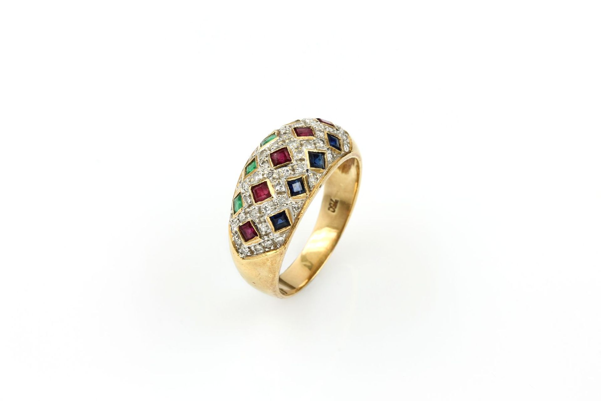 18 kt Gold Ring mit Rubinen, Saphiren, Smaragden und Diamanten, GG 750/000, 13 Saphir-, Rubin- und