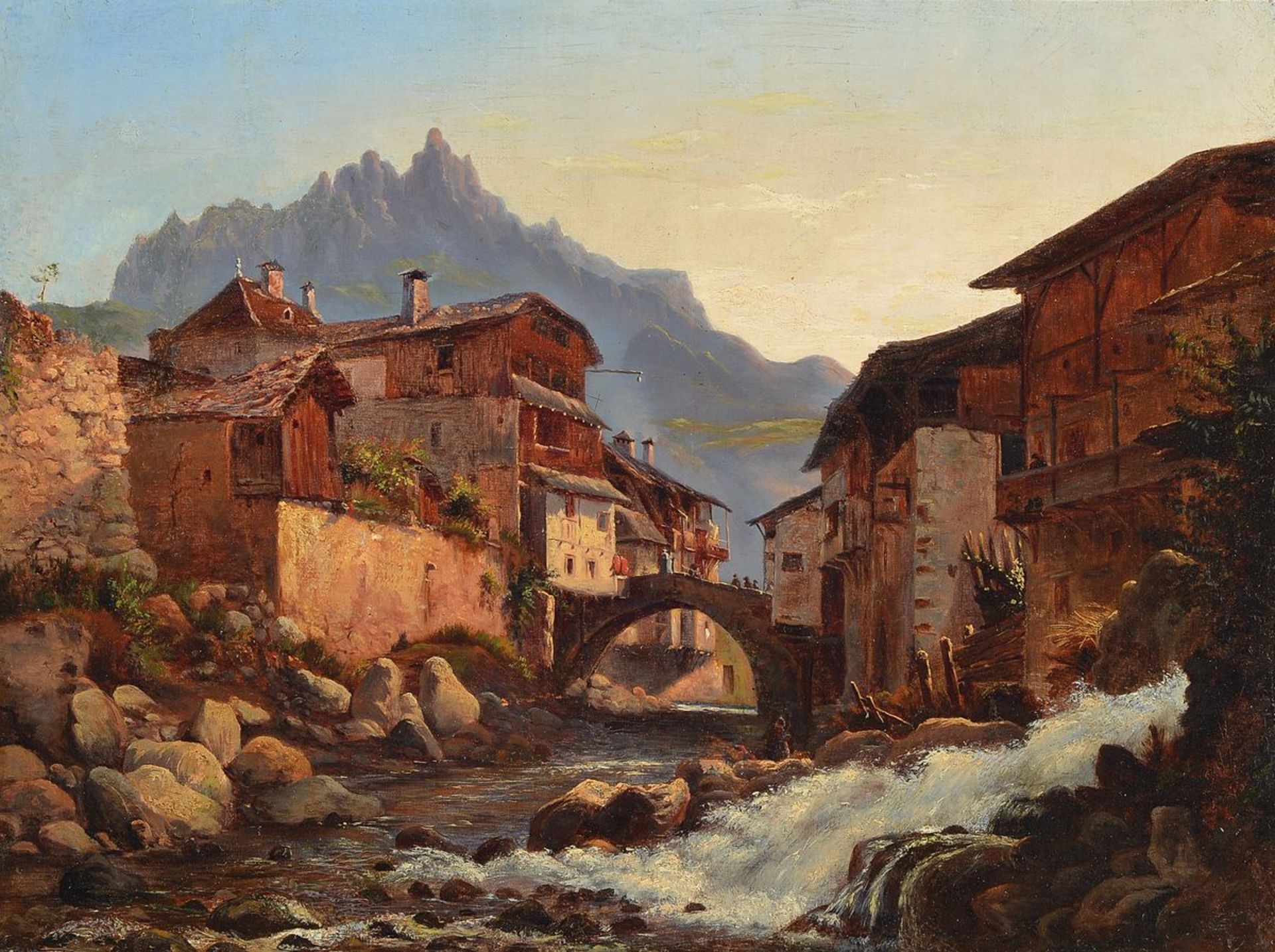 Unbekannter Maler der Mitte des 19. Jh., Blick auf ein Dorf in der Lombardei (Chiavenna), Öl/Lwd,