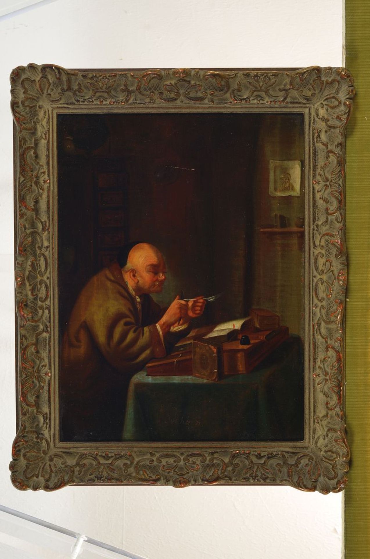 Junher, niederländische Malerei, um 1830, 2 Pendants: Gelehrte in ihren Stuben, Öl/Holz, signiert, - Bild 3 aus 4