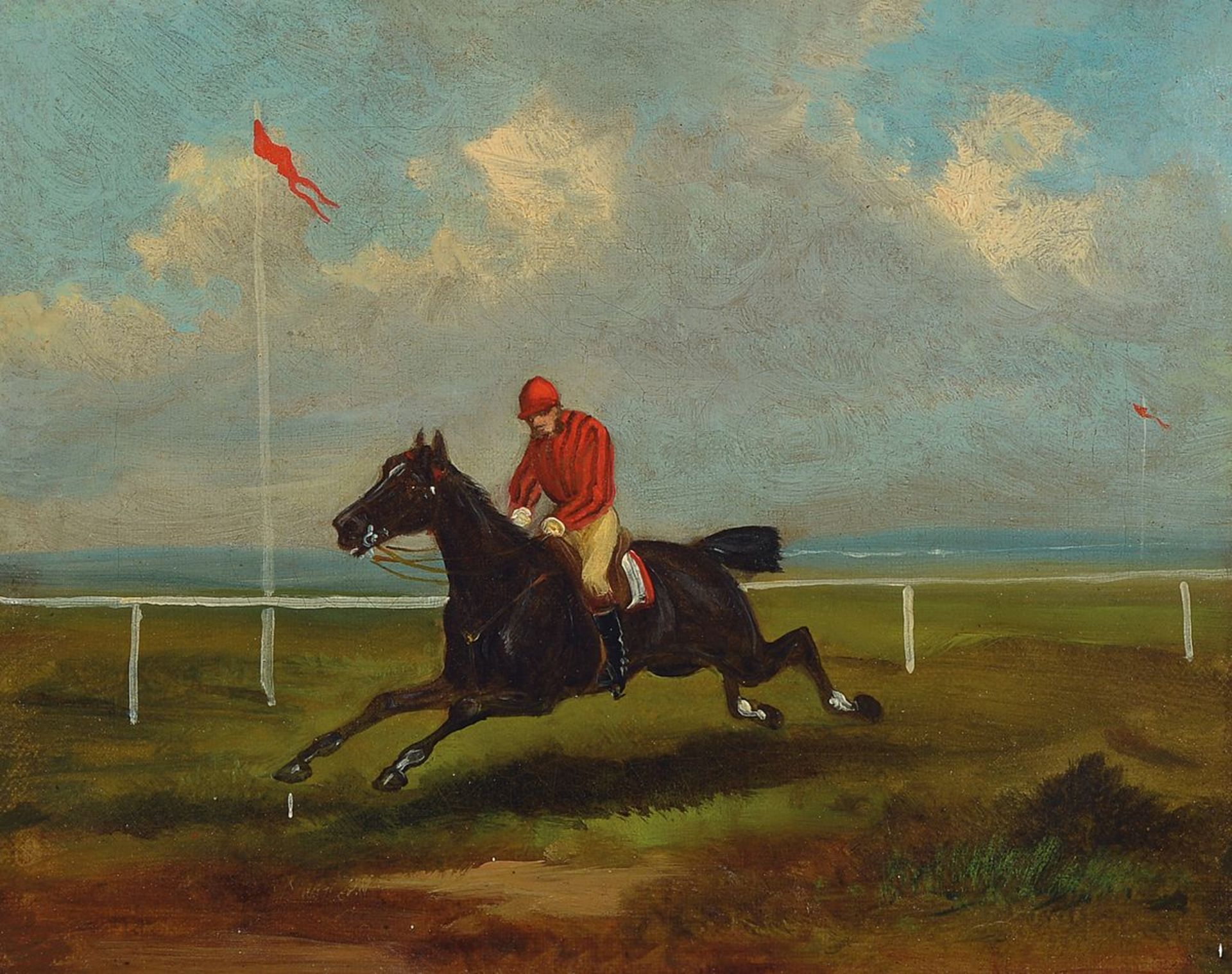 Alfred Steinacker, 1838-1914, Pferd und Jockey auf der Rennbahn, Öl/Lwd, rechts unten signiert,