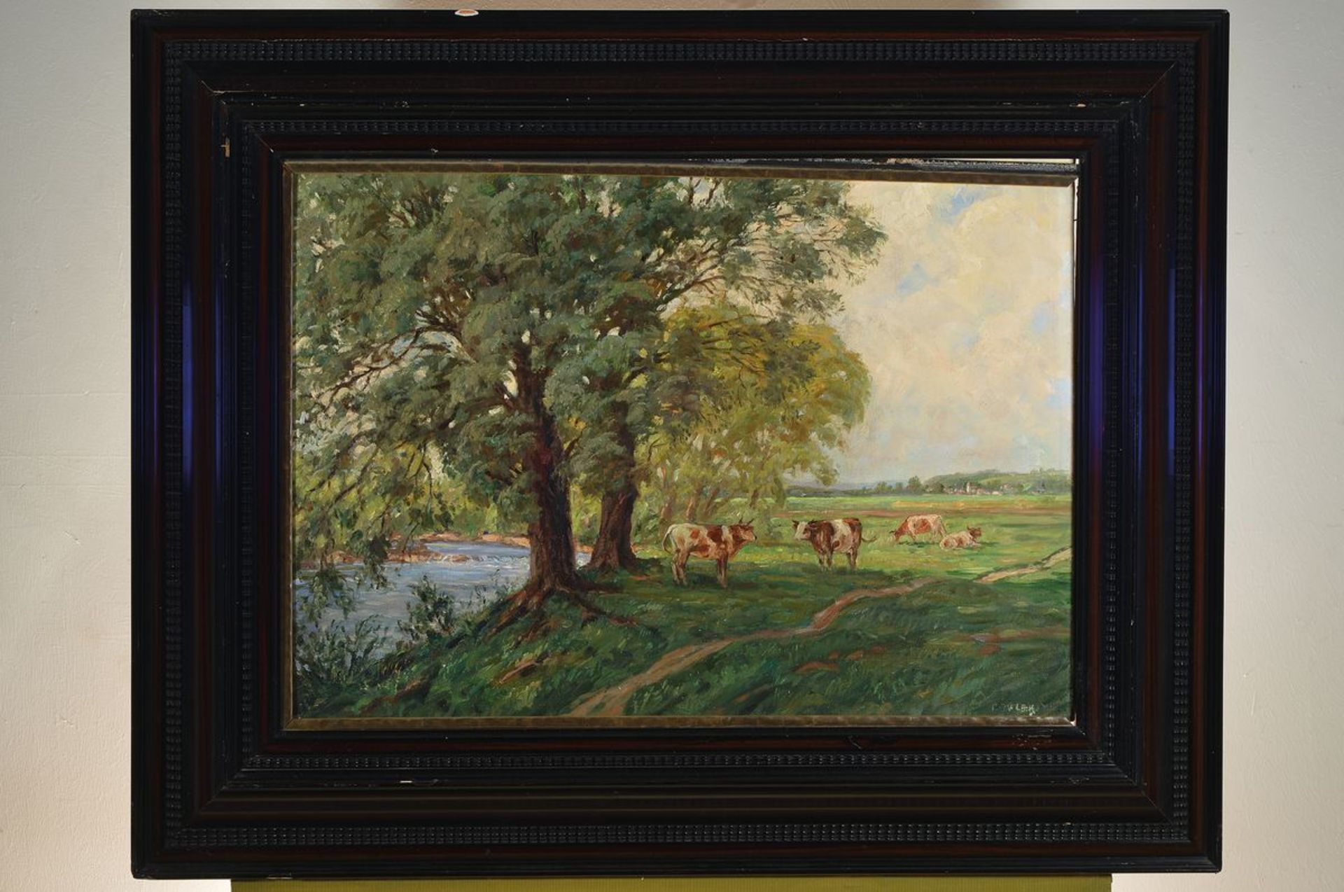 Unbekannter Künstler, um 1900, Kühe auf der Weide am Baum bestandenen Bach, Öl/Lwd, rechts unten - Bild 2 aus 2