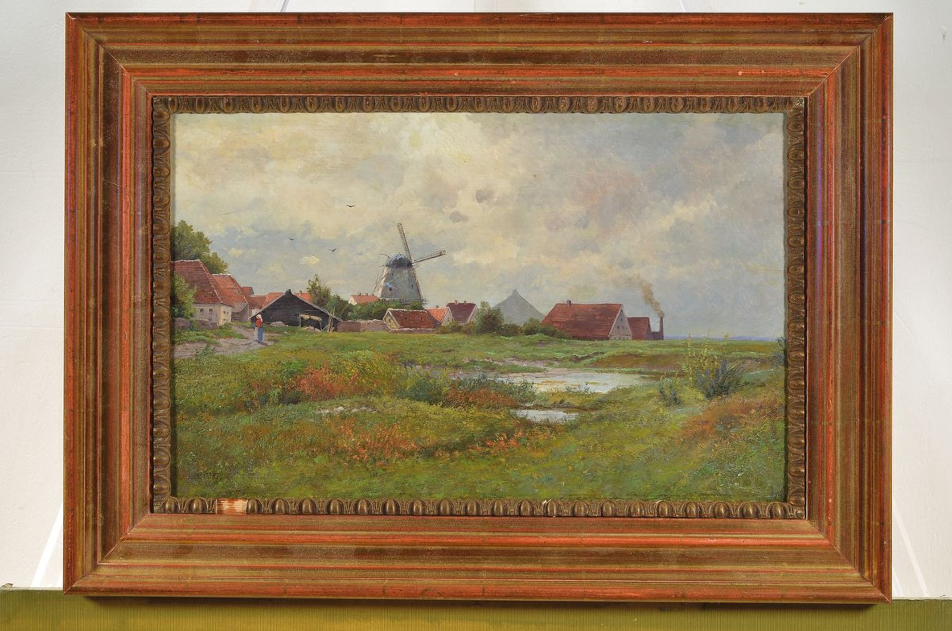 Otto Göbel (1865-1903), weite Landschaft mit Dorf mit Windmühle u. Bäuerin, Öl/Holz, links unten - Bild 3 aus 3