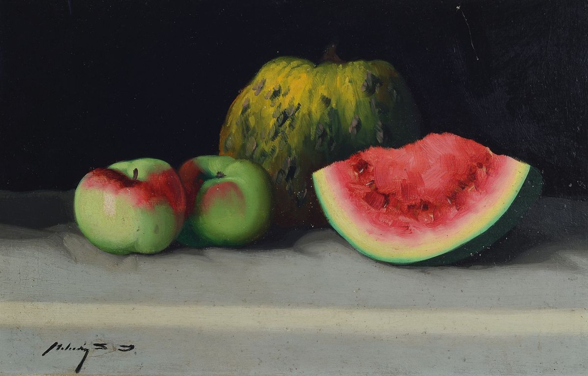 Janos Zoltan Molnar, 1860-1960, ungarischer Stilllebenmaler, Stillleben mit Melone und Äpfeln, Öl/