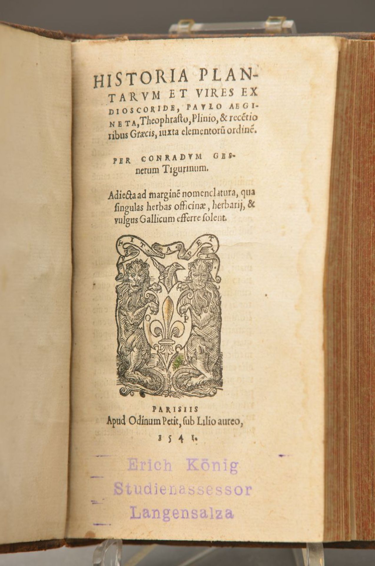 Conrad Gressner, Historia Plantarvm et vires Ex, 1541, Ledereinband, ca. 261 Seiten, altersbedingt